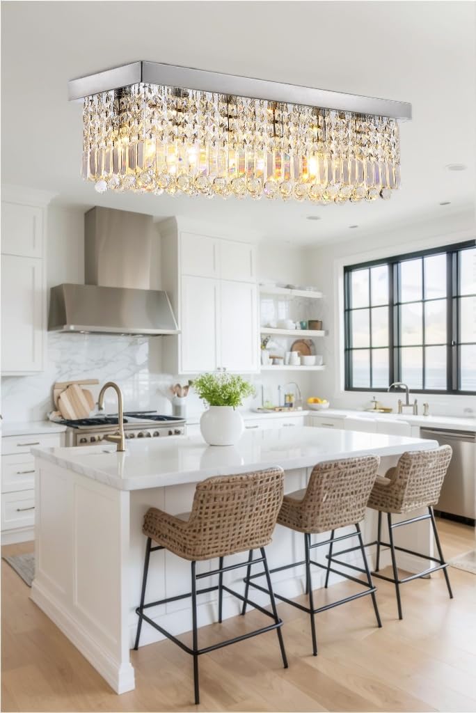 Tinkoso Modern Silver Rectangular Crystal Chandelier,6-Light Chandelier For Dining Room,K9 Crystal Rectangle Chandeliers,59-Inch