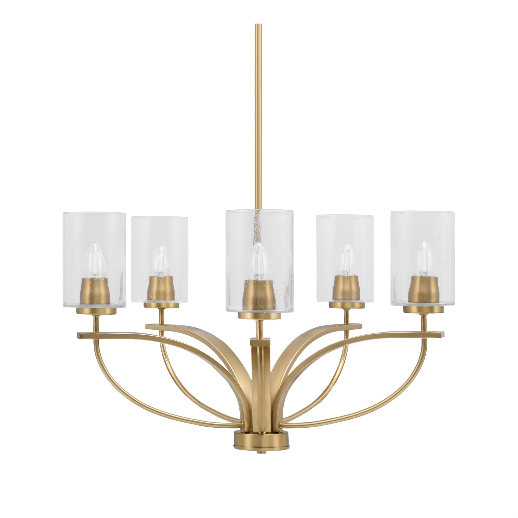 Toltec Lighting Cavella 5 Light, Uplight Chandelier, Hang Straight Swivel, New Age Brass Finish, 4&quot; Clear Bubble Glass