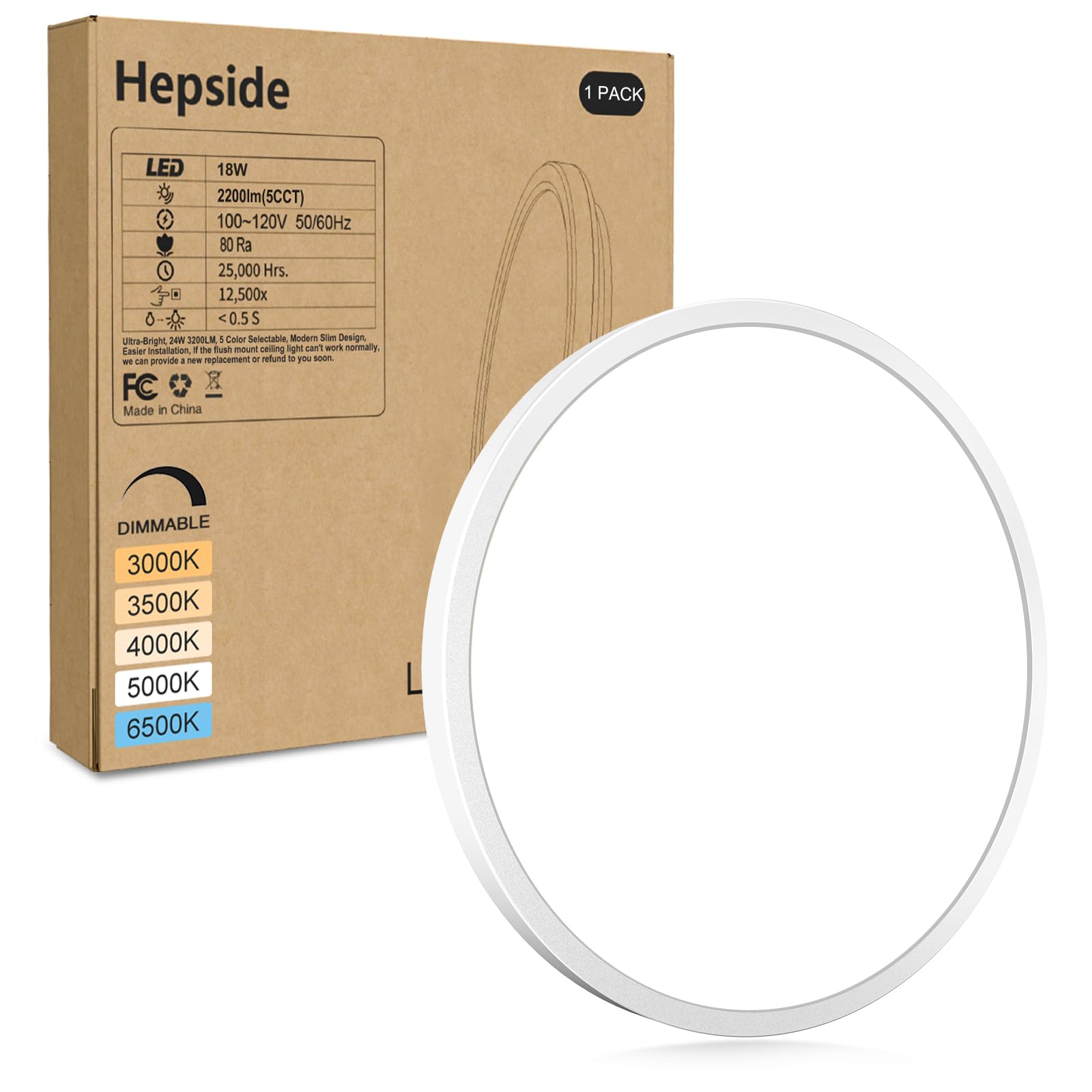 hepside 1Pack LED Flush Mount Ceiling Light Fixture  9Inch 18W  Dimmable&3000K/3500K/4000K/5000K/6500K Adjustable Low Profile Ceiling Lights  Round Flat Ceiling Light for Closet Kitchen Hallway-White