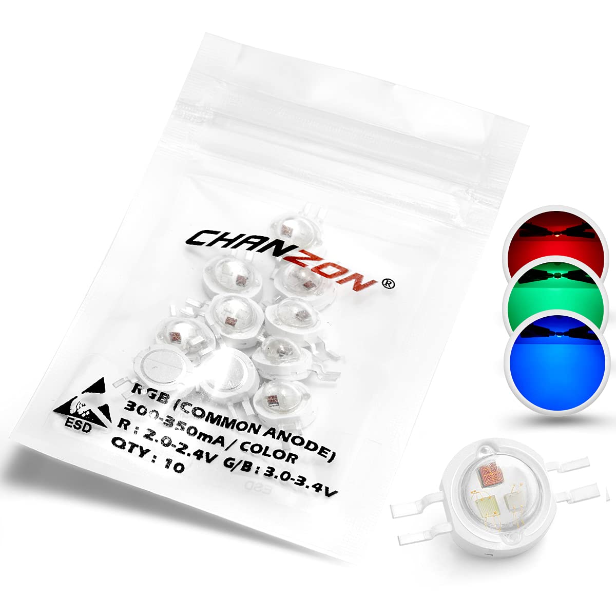 Chanzon 10Pcs High Power Led Chip 3W Rgb 4 Pin Common Anode (300Ma - 350Ma For Each Color 3 Watt) Multicolor Super Bright Intens