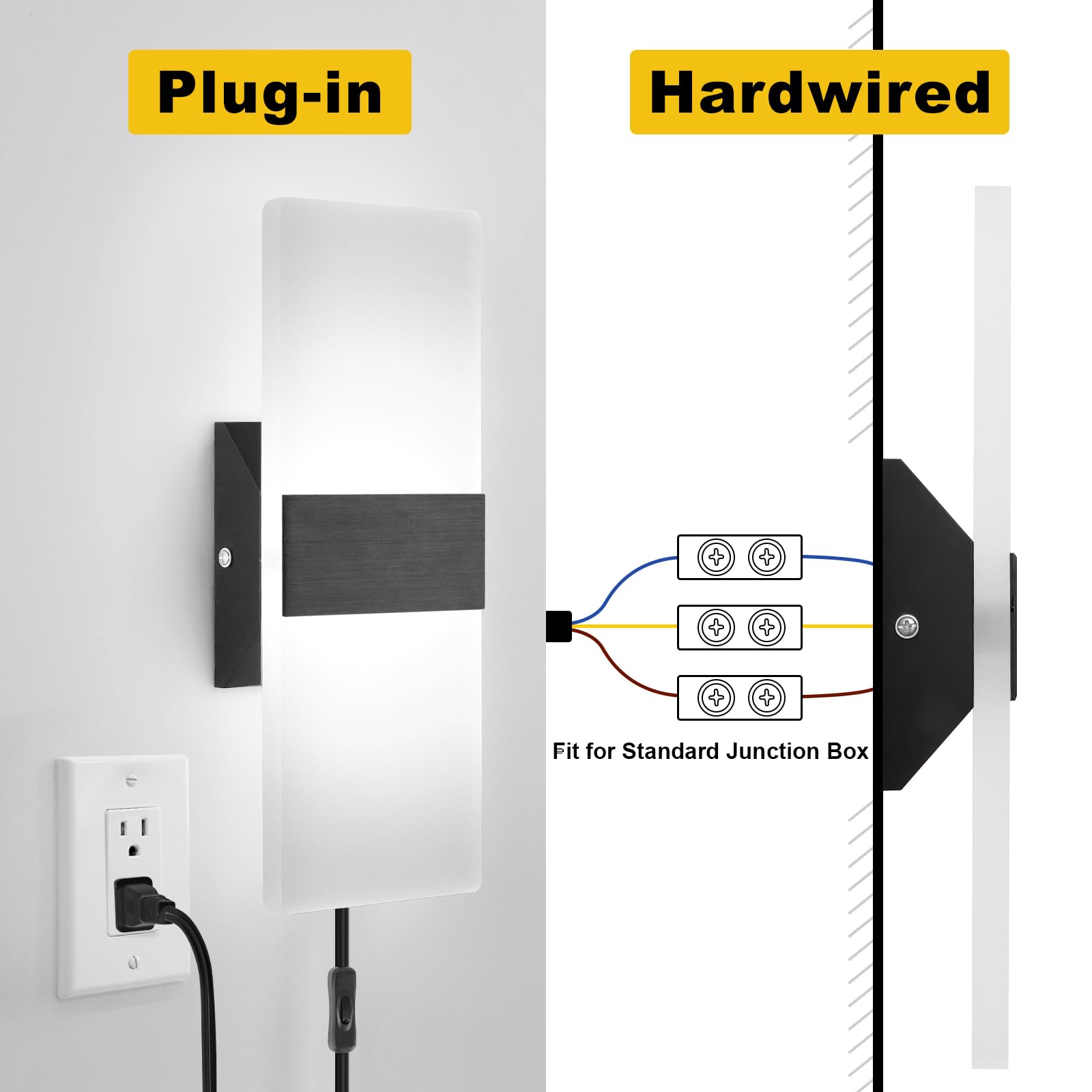 GOODATE Plug-in Wall Sconce, 12W Adjustable 3000K-6500K LED Light, Remote Control, Black, Model YKL-02, Acrylic + Pure Aluminum