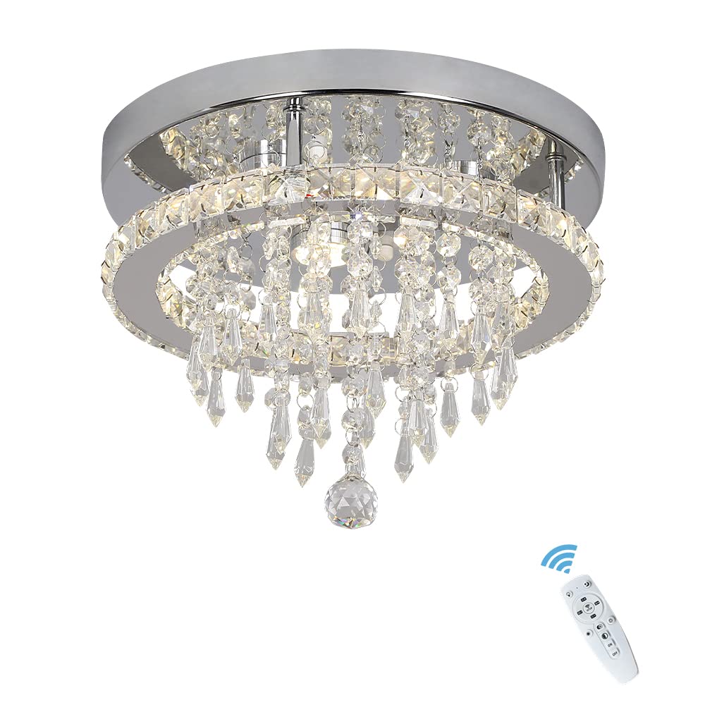 Deckrico Modern K9 Crystal Chandelier with Remote Control Stainless Steel Pendant Lamp Flush Mount Light Fixtures for Dining Roo