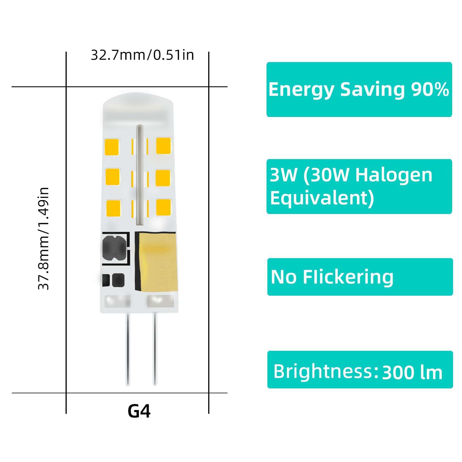 Hekmazon 10Pcs G4 Led Bulbs 3W Ac/Dc 12V 20W 30W Halogen Bulb Replacement Jc Bi-Pin Base Warm White 3000K G4 Landscape Bulbs