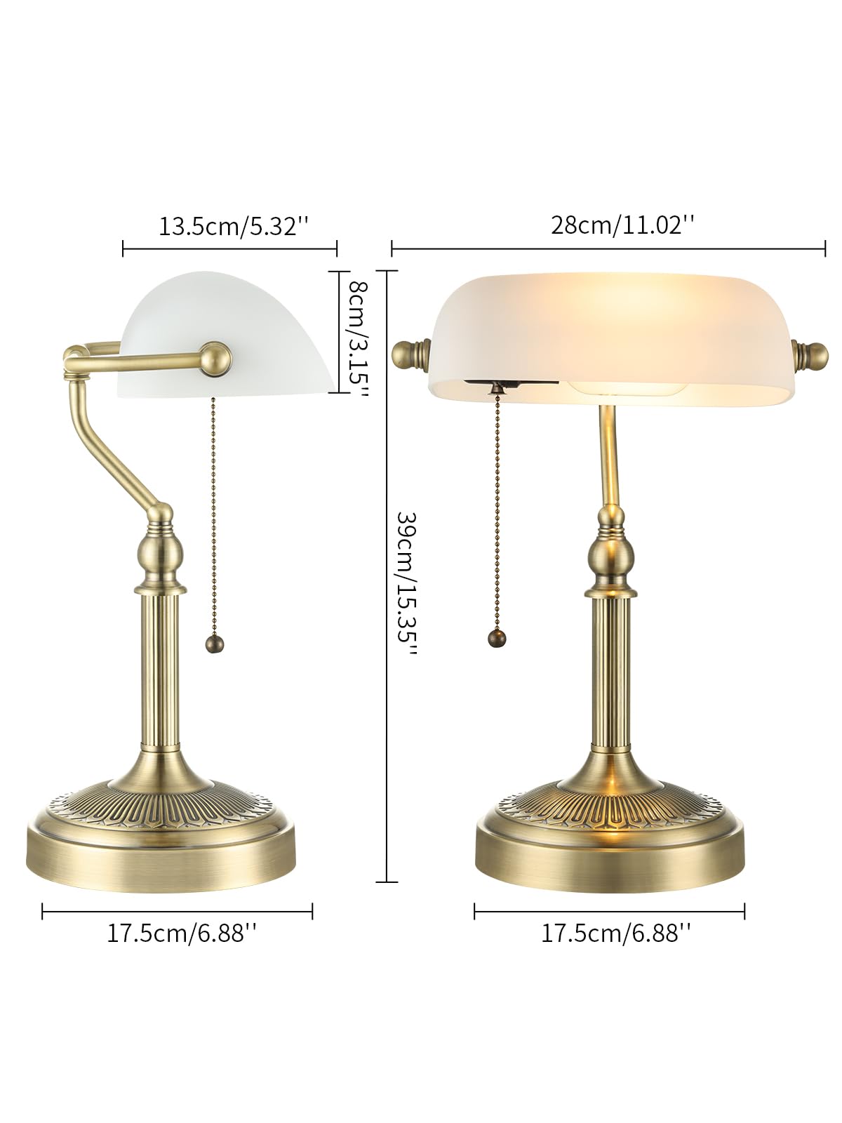 Newrays Glass Bankers Desk Lamp, T9007L, Pull Chain Switch, Simple Style, Matted White