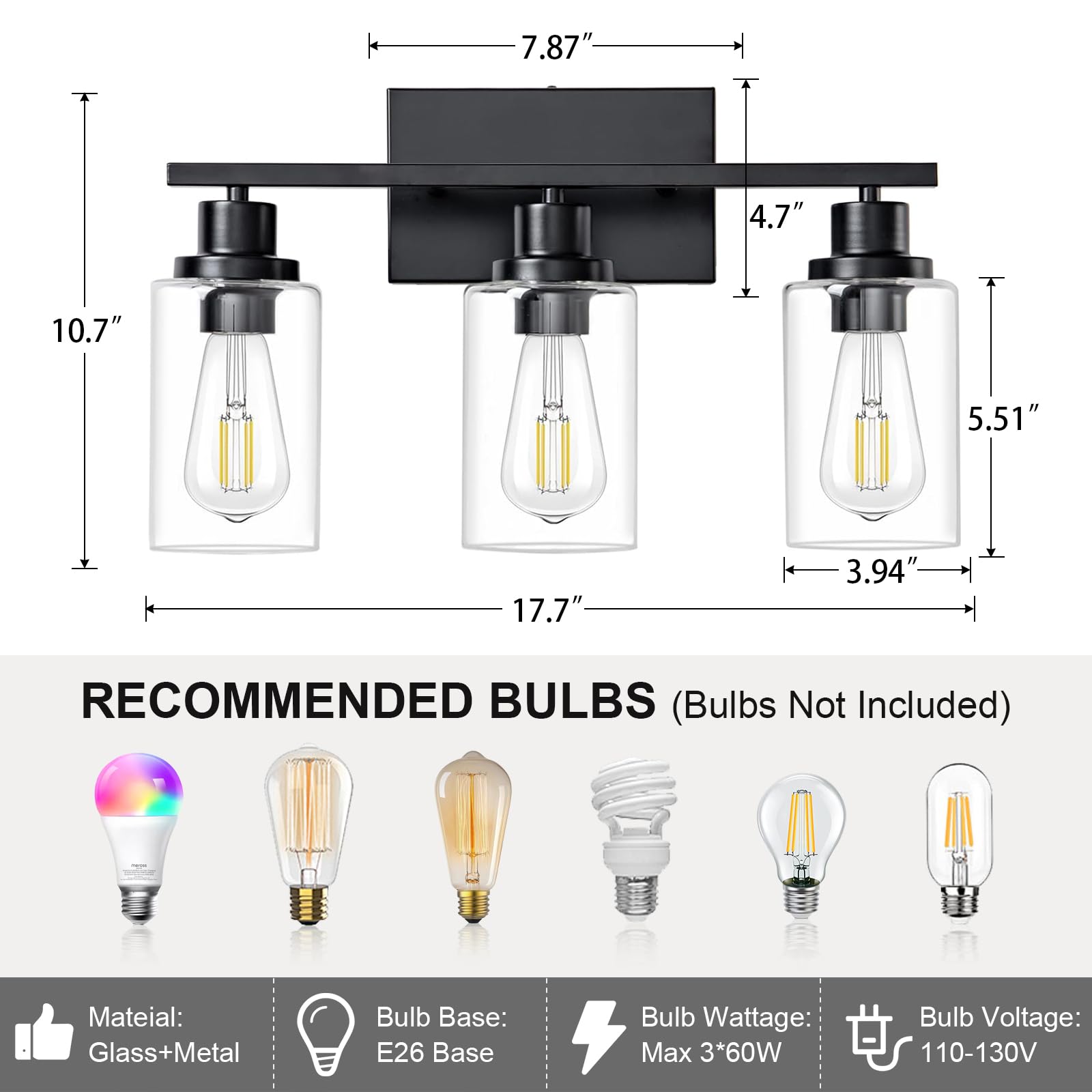 Hccz 3 Light Bathroom Light Fixtures Black Vanity Light Over Mirror Modern Farmhouse Wall Lighting Sconces Rustic Industrial Wal