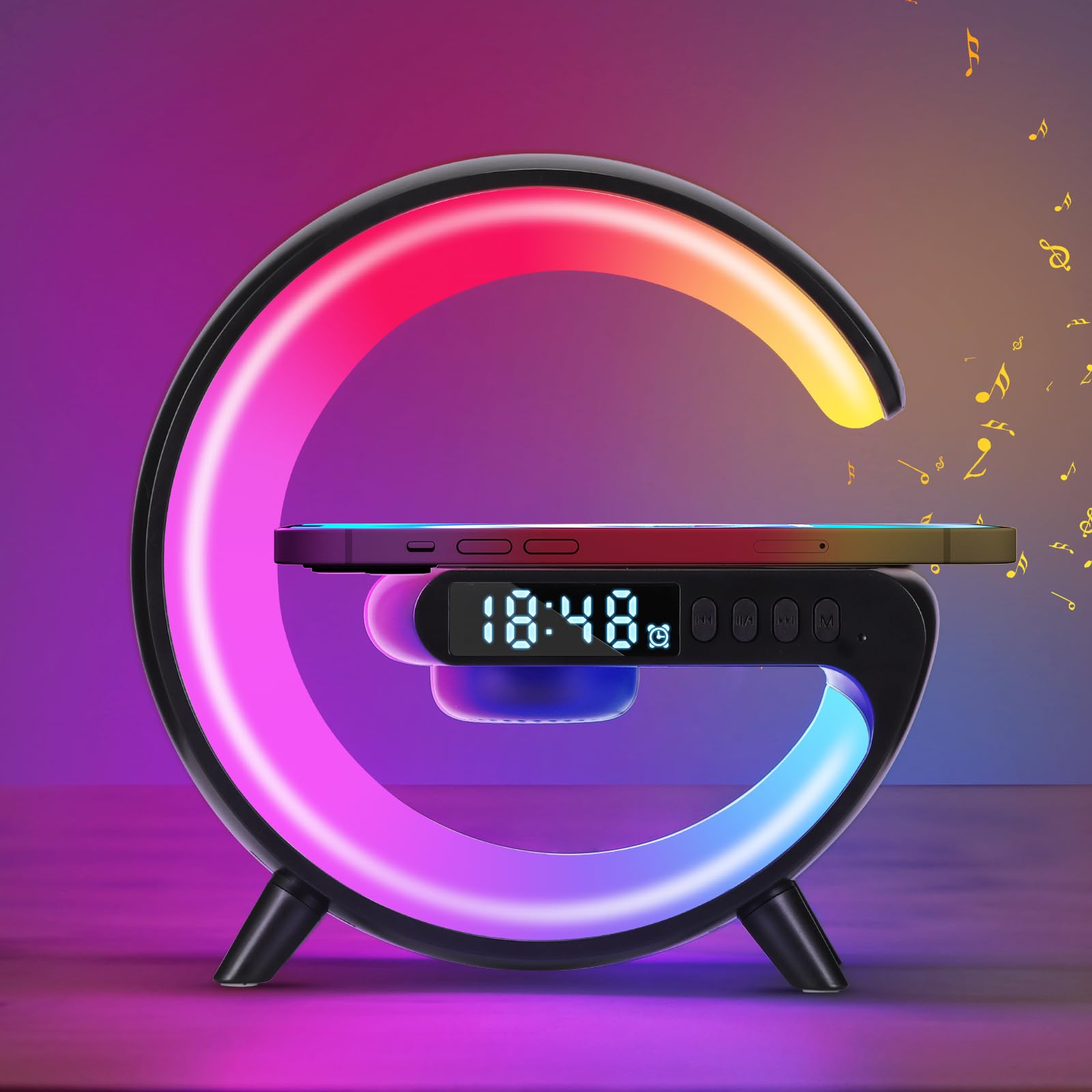 Wireless Charger Atmosphere Lamp, 2025 New Mini LED Table Lamp, Bluetooth Speaker, Dimmable Night Light Bedside Lamp Alarm Clock