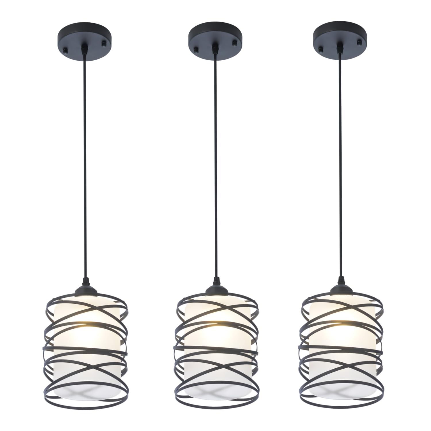 Fisgoni 3-Pack Modern Mini Pendant Light Fixture Kitchen Island Pendant Lighting 6.3''Matte Black Spiral Cage And Handblown Fros