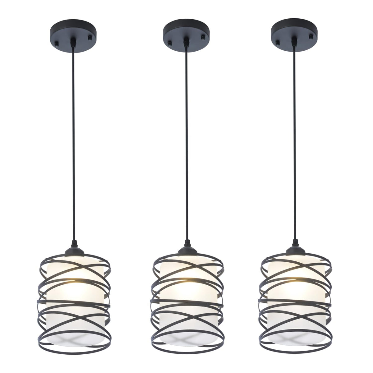 Fisgoni 3-Pack Modern Mini Pendant Light Fixture Kitchen Island Pendant Lighting 6.3''Matte Black Spiral Cage And Handblown Fros