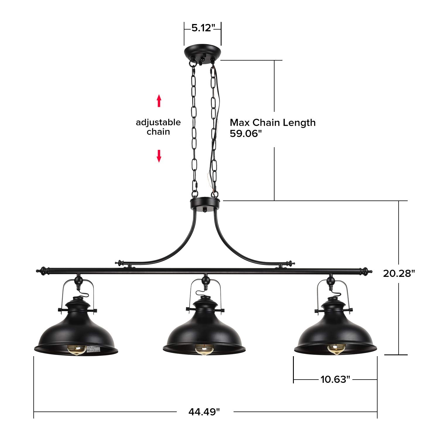 Gzbtech Vintage 3-Light Pendant Lighting Fixture, 59.06'' H Adjustable Rustic Hanging Billiard Light Over The Pool Table, Indust