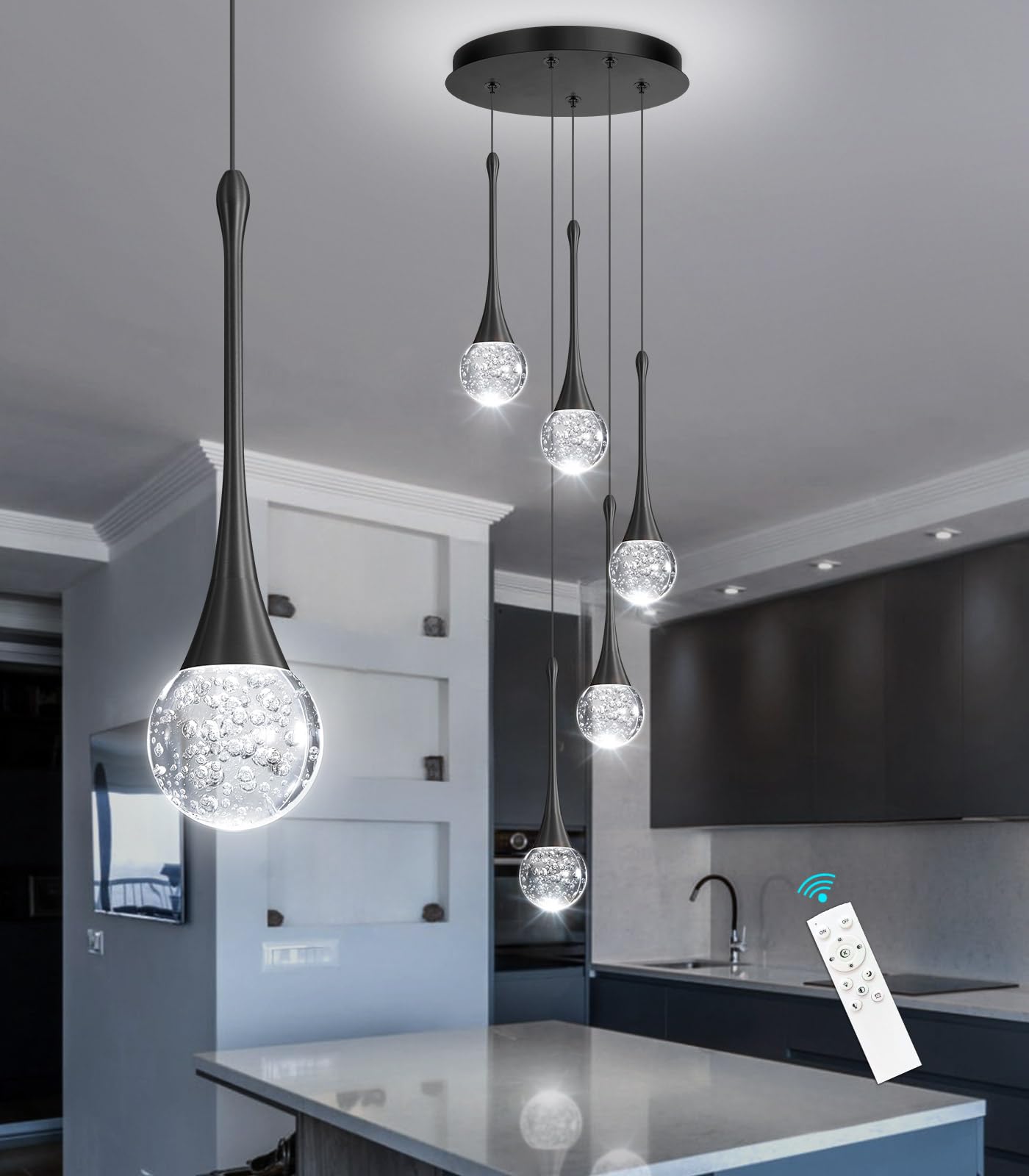 Cenzoz 5-Lights Modern Pendant Lights For Kitchen Island Led Dimmable Chandelier Crystal Glam Ceiling Pendant Lighting For Dinin