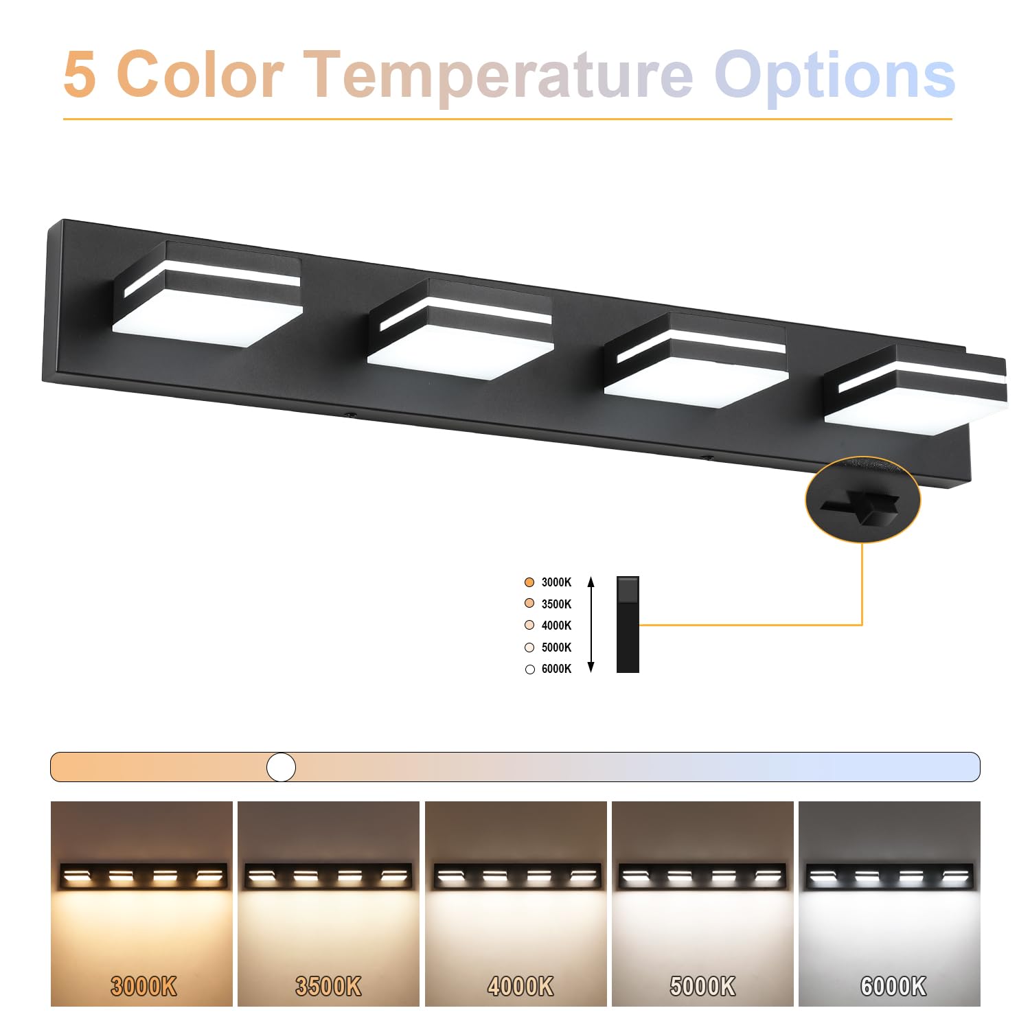 SineRise 4-Light LED Bathroom Vanity Light, Dimmable, Matte Black, 30-Inch, Stainless Steel, Model H0001-43, 5CCT Options