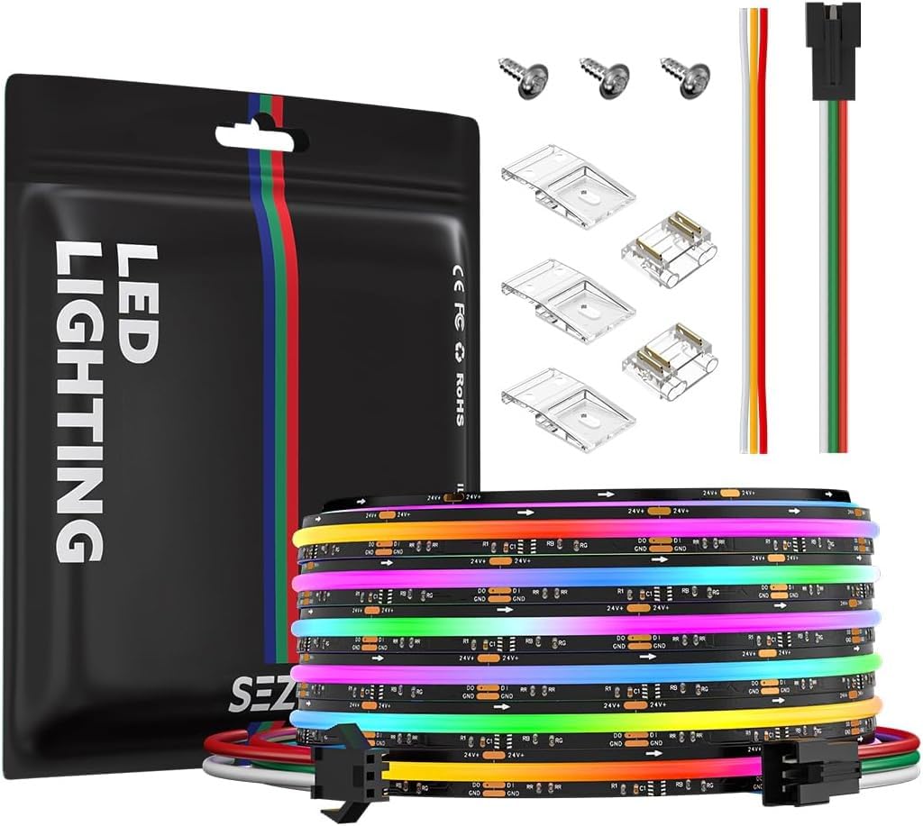 SEZO RGB Smart IC COB LED Band Lights WS2811 IC Addressable RGB FCOB LED Light 24FT/7.5M 630LEDs/M Chasing Color High Density 24V CRI 90+ IP30 for Indoor DIY Decoration (Not Included SPI Controller)