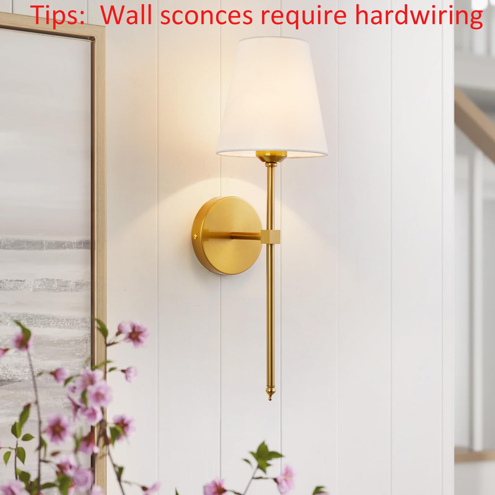 KUAUGST Wall Sconces Sets of 2, Retro Industrial Metal Lamps, Gold1, White Fabric Shade, Model Wall Sconces-002