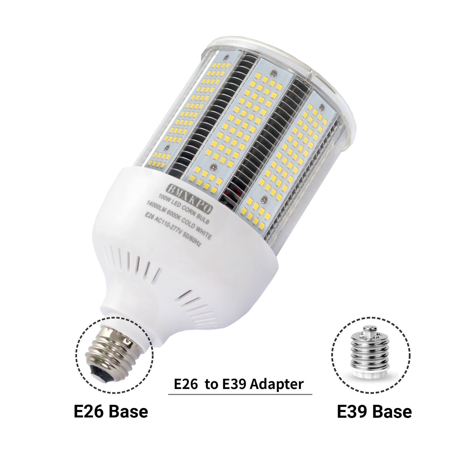 BMXKPO 100W LED Corn Cob Light Bulb, 5000K Daylight, E26/E39 Base, 2-Pack, Aluminum, Replacement for 400W Metal Halide