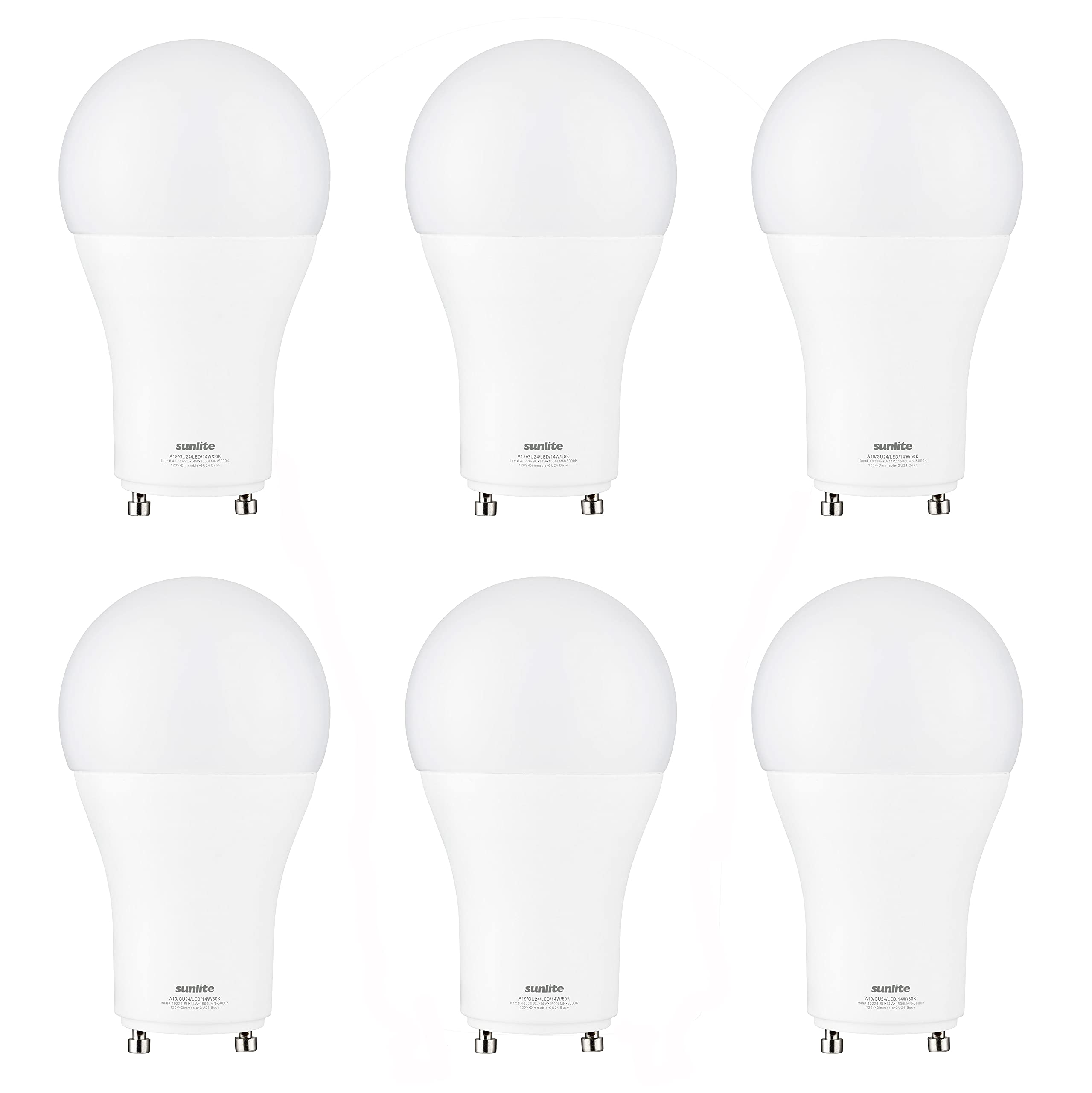 Sunlite A19 LED Dimmable Light Bulb 14W (100W Equivalent) 1500 Lumens, 5000K Daylight, 6 Pack, GU24 Base