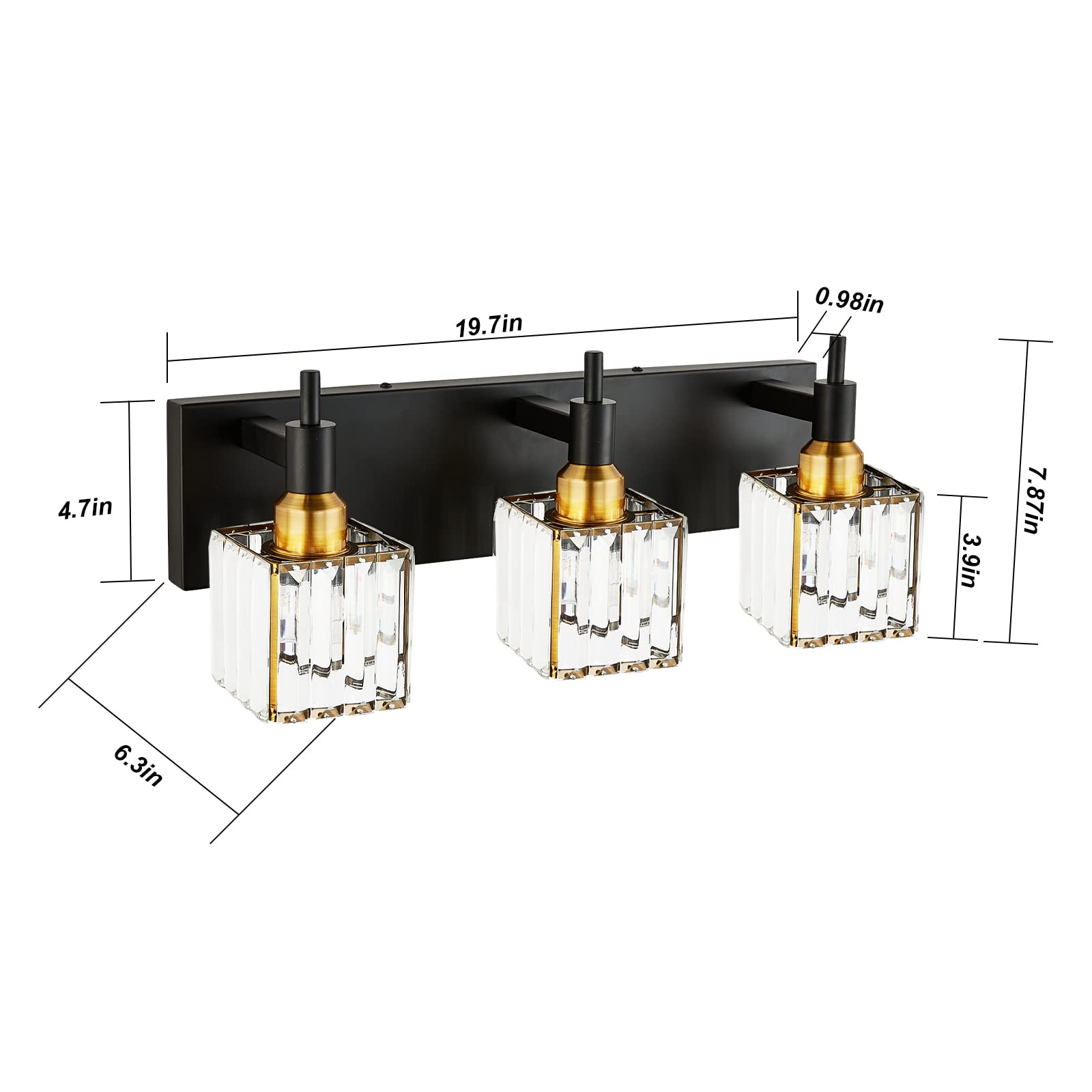 HUOKU Modern Crystal Bathroom Vanity Light 3-Light Wall Fixture, Black Gold, Square Shade, Metal, Model 1ca75a20-9ece-4de6-ad2a-3