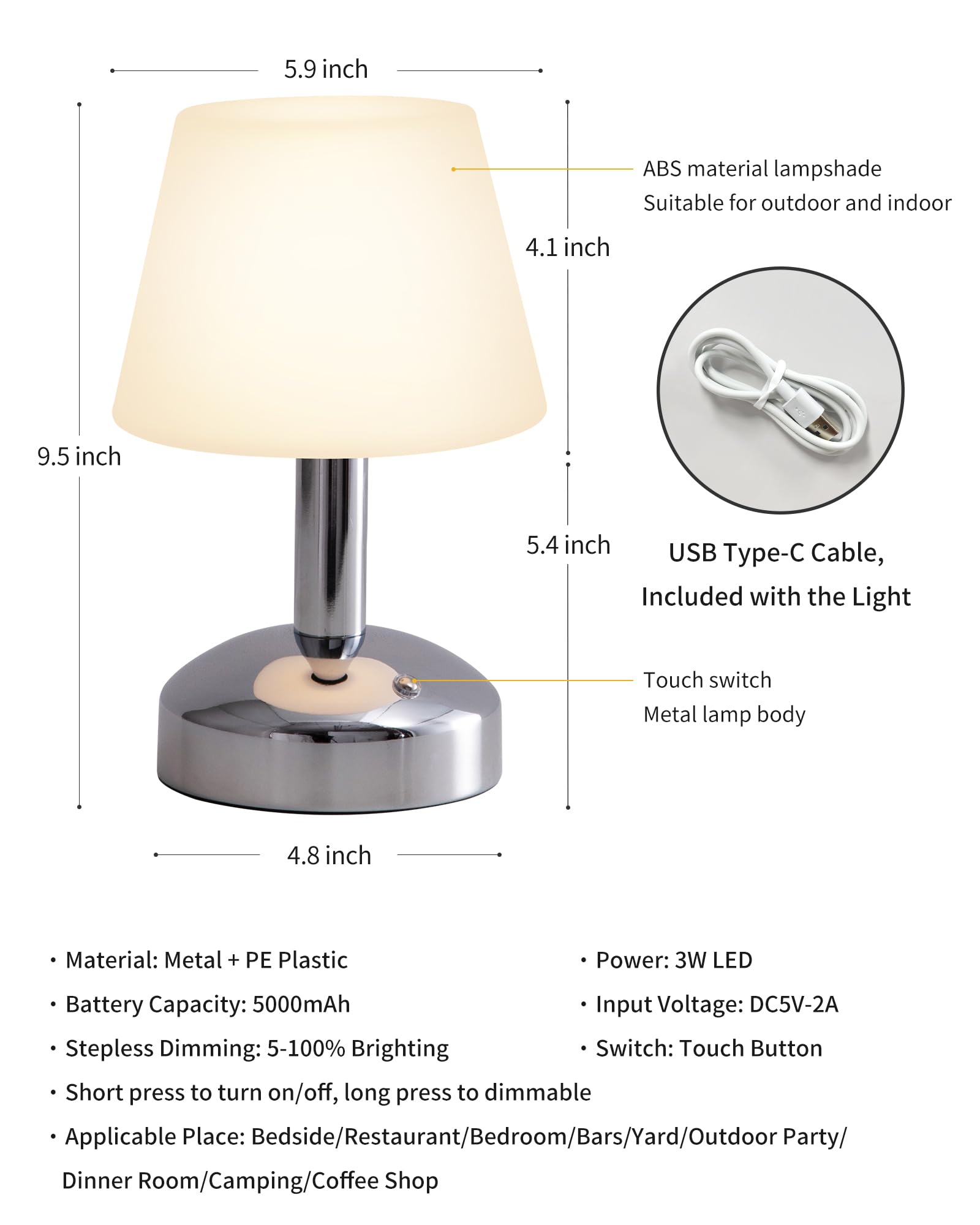 KDG Modern Cordless Table Lamp, Waterproof LED, 5000mAh Battery, Silver, Model AMZ-TBL-012-S