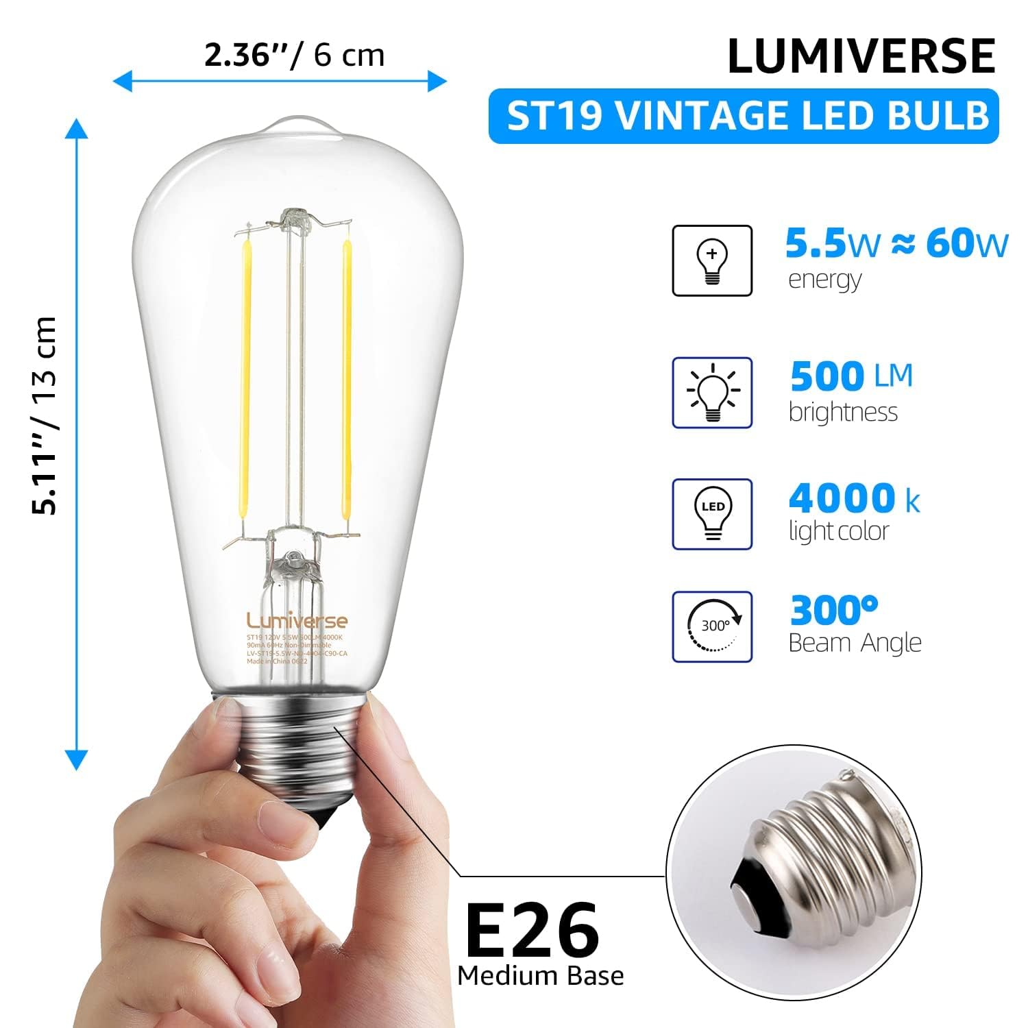 16 Pack St19 Led Edison Bulb, 5.5W (60W Equivalent) 500Lm Cri 95+, Non-Dimmable, 4000K Cool White, E26 Medium Base, Vintage Fila