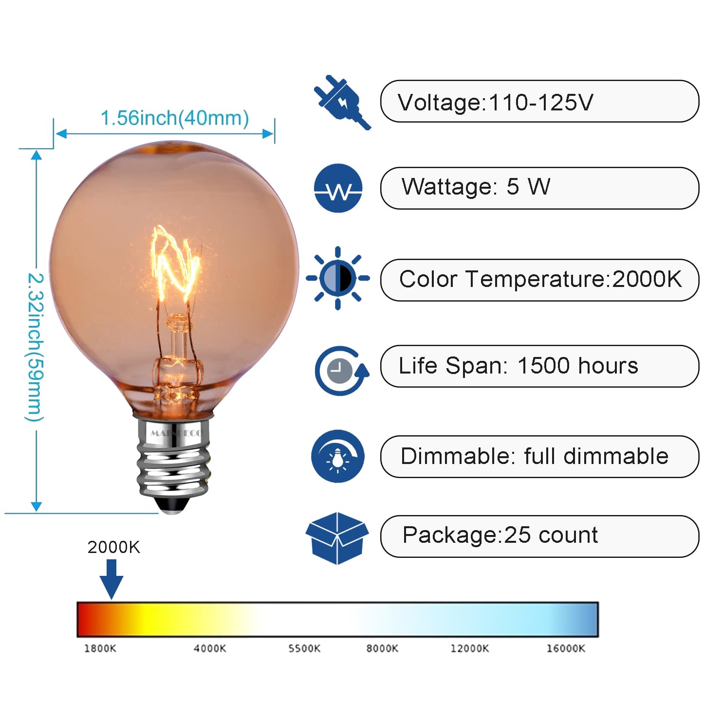 MAINDECO G40 Replacement Bulbs - 25 Pack, 120V 5W Amber Incandescent, E12 Base for Indoor/Outdoor String Lights