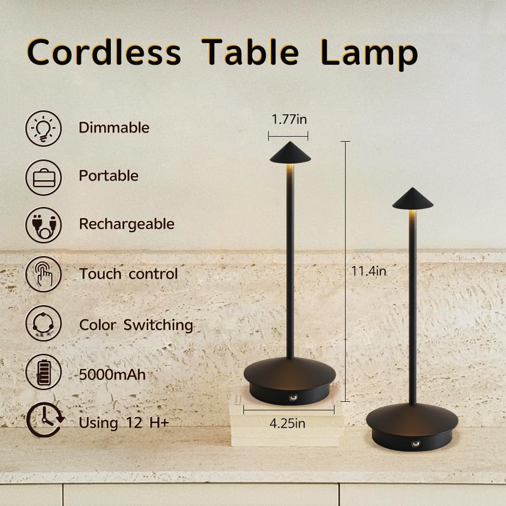 LED Cordless Table Lamps, Portable Rechargeable 6000mAh Outdoor Lights, 3 Color Stepless Dimming Battery Powered Bedside Table L