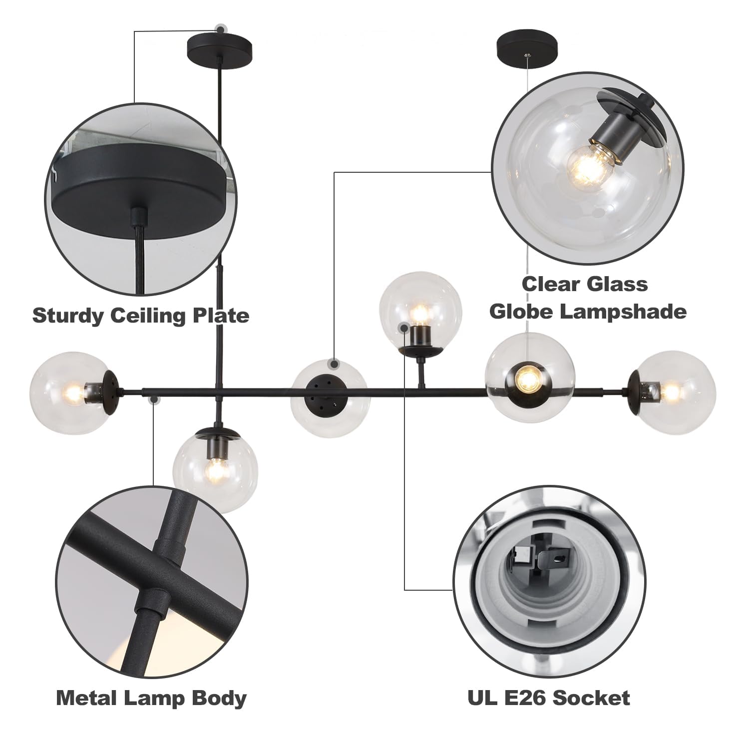 KCO 6-Light Clear Glass Globe Pendant Light Mid Century Modern Chandelier Black+Clear Linear Kitchen Island Lighting