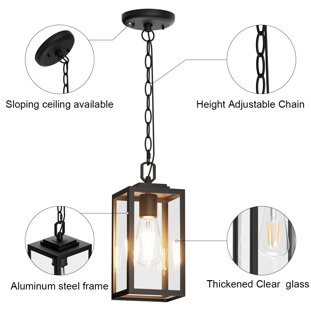 Aoceley Modern Outdoor Pendant Light, 1-Light Matte Black Aluminum Lantern For Porch & Yard