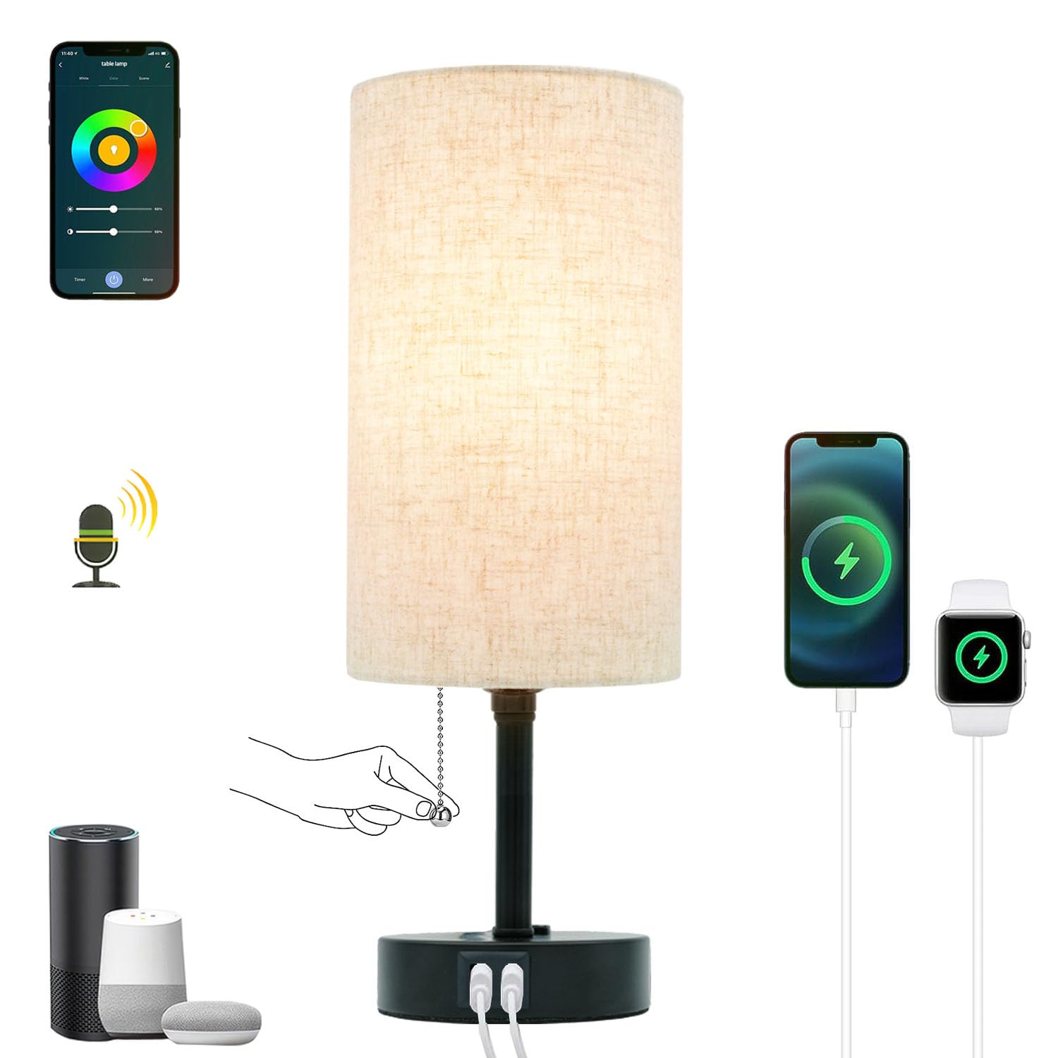 Eytueo Smart Table Lamp Work with HomeKit, Siri, Alexa, Google Assistant, Smart Beside Nightstand Lamp with AC Outlet & USB A+C 