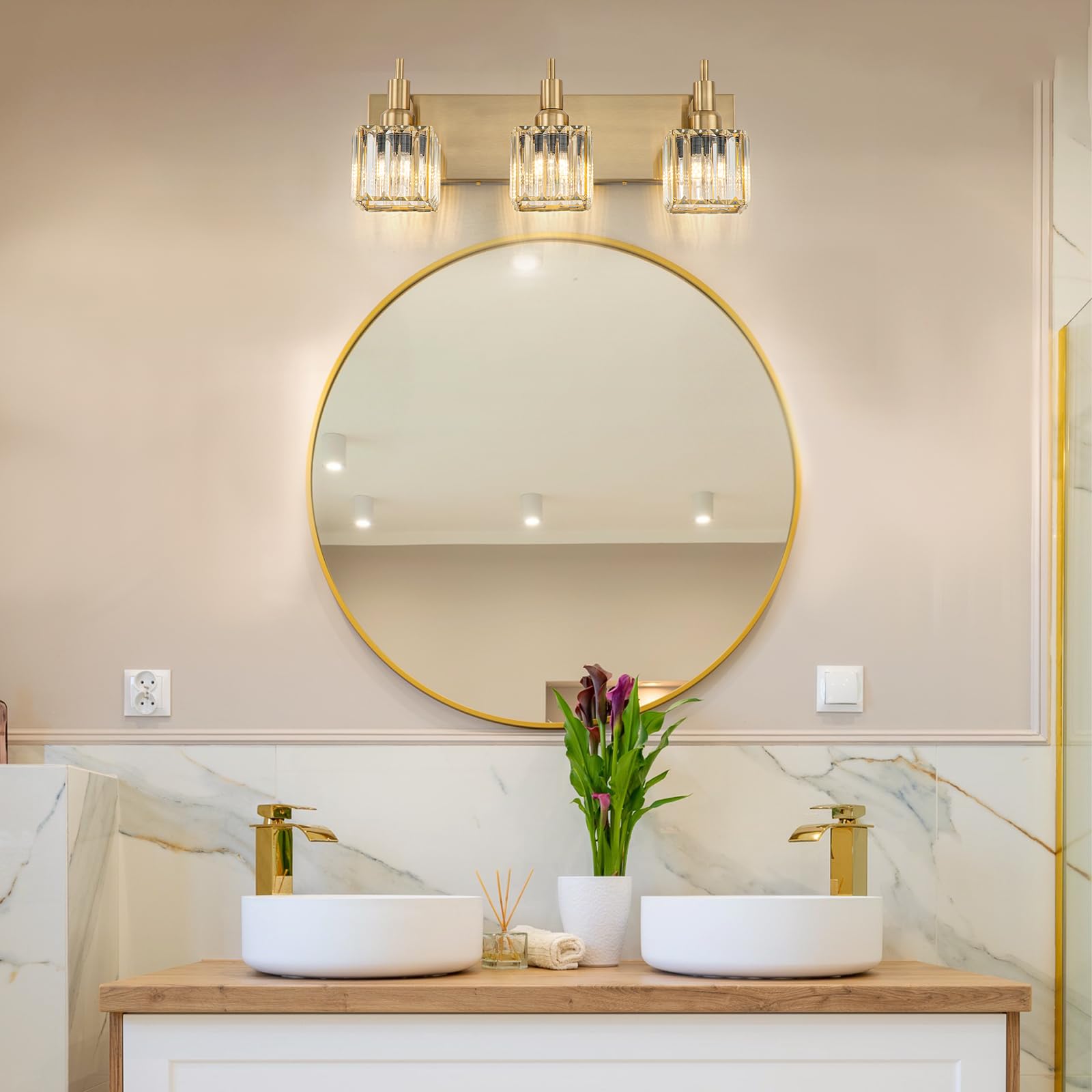 HUOKU Gold Bathroom Vanity Lights - 3-Light Modern Crystal Wall Light Fixture Over Mirror