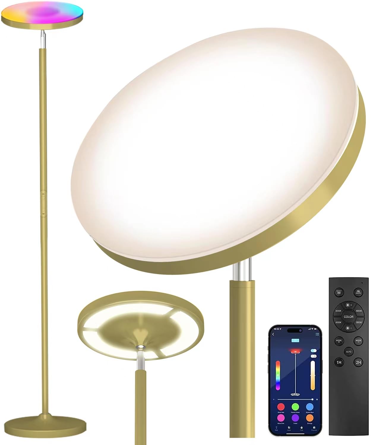 Keepsmile Gold Double Side Lighting Led Floor Lamp With Remote Smart App 36W 2600Lm Bright Tall Standing Rgb Floor Lamp Angle Mu