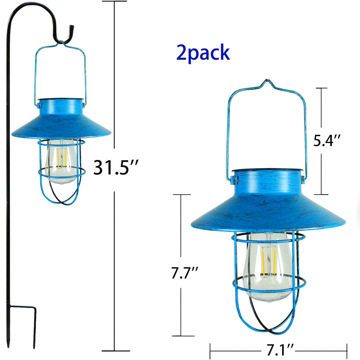 2 Pack Hanging Solar Lantern Lights With Shepherd Hook, Metal Waterproof Warm White Edison Bulb Lights For Garden Outdoor Pathwa