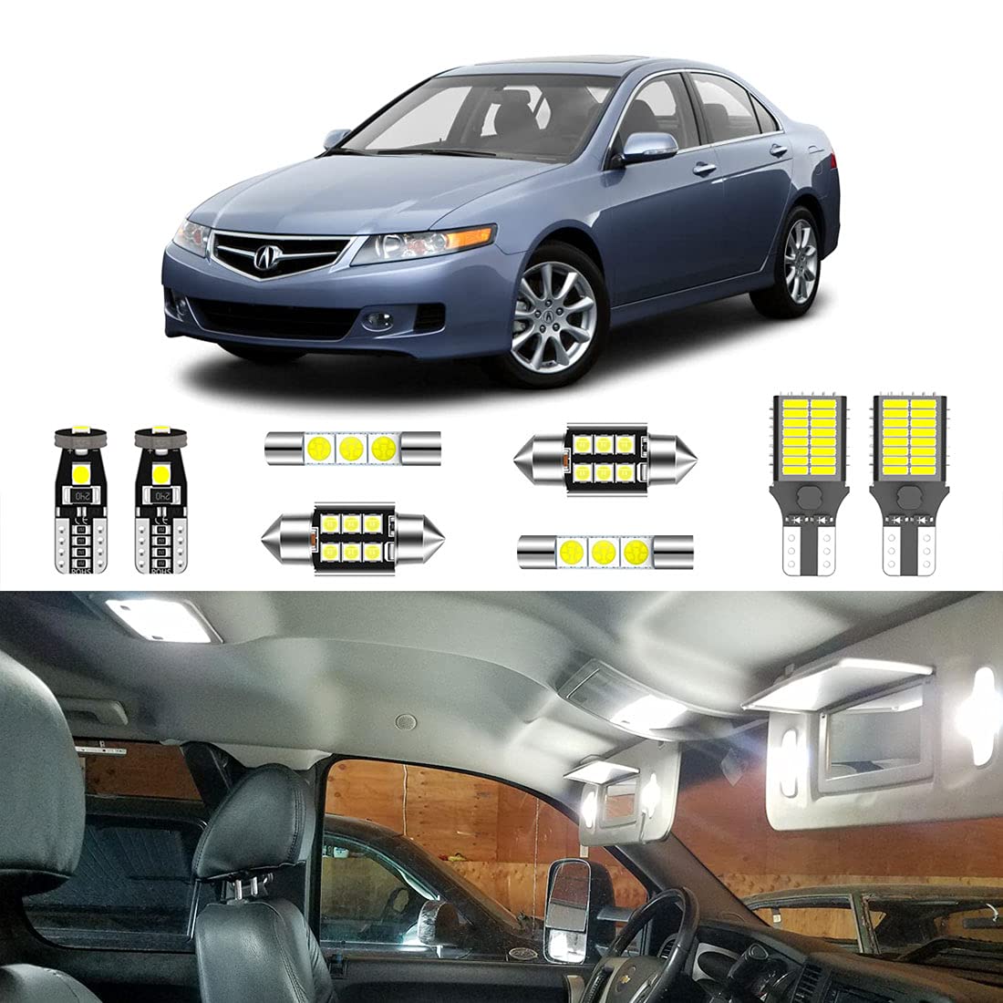 LIGHSTA 11PCS Super Bright White LED Interior Light Kit Package for Acura TSX 2004 2005 2006 2007 2008 + License Plate Lights and Install Tool
