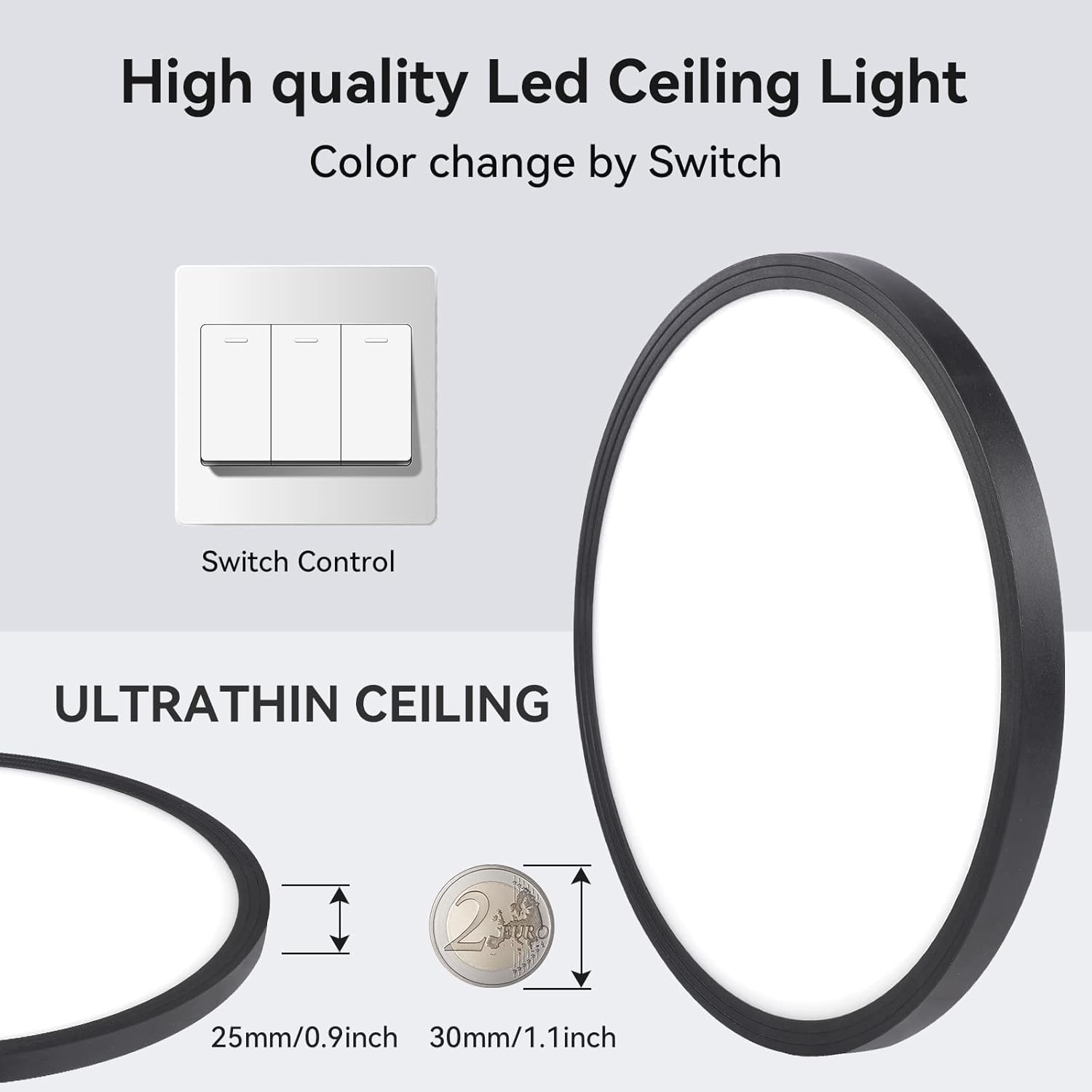 RGZZUP LED Ceiling Light 12 Inch, 28W 3200LM, 3 Color Changeable, Slim Surface Mount, Black, 8 Pack