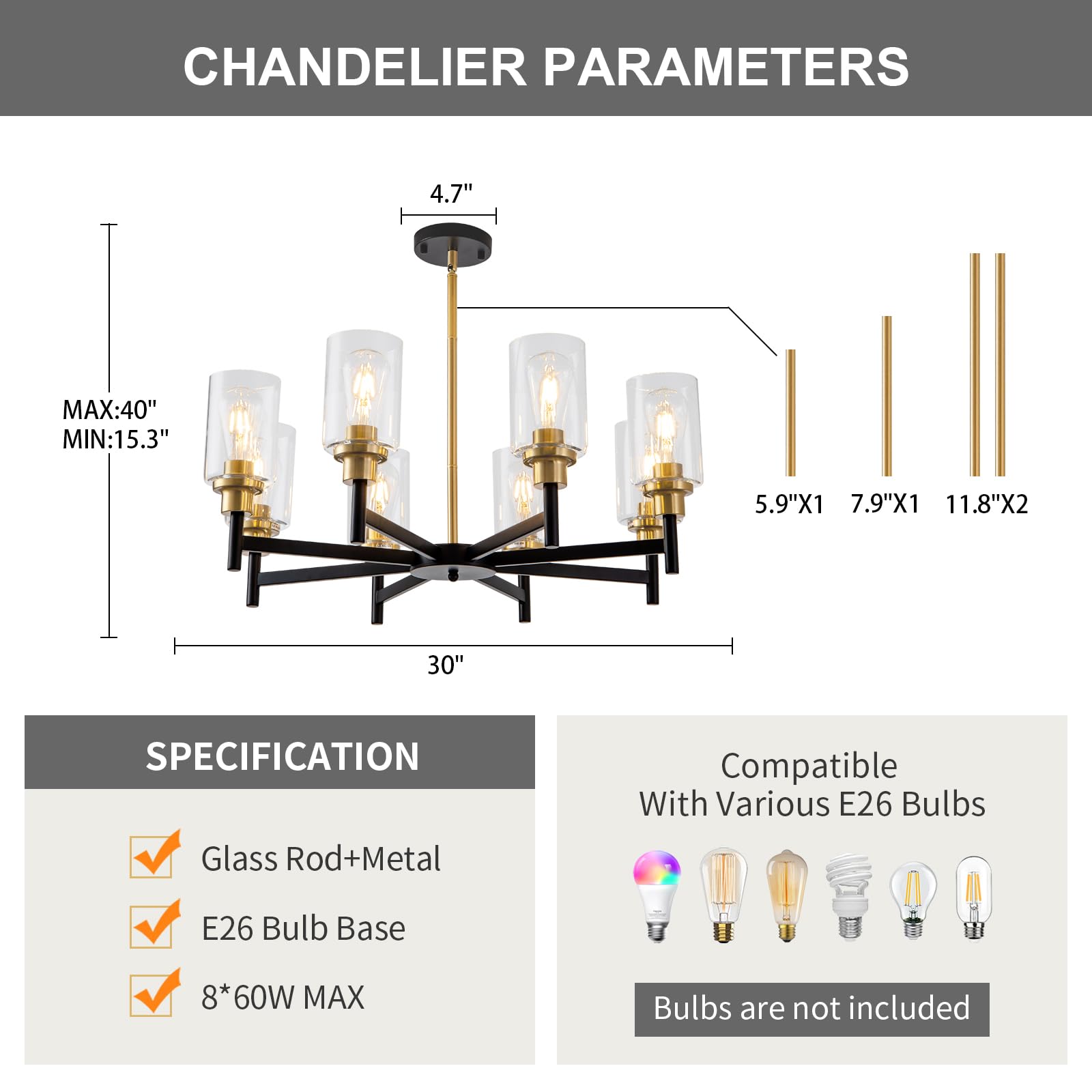 Hccz 8 Light Gold Chandelier For Dining Room Light Fixtures Black & Brushed Brass Modern Farmhouse Chandelier Industrial Hanging