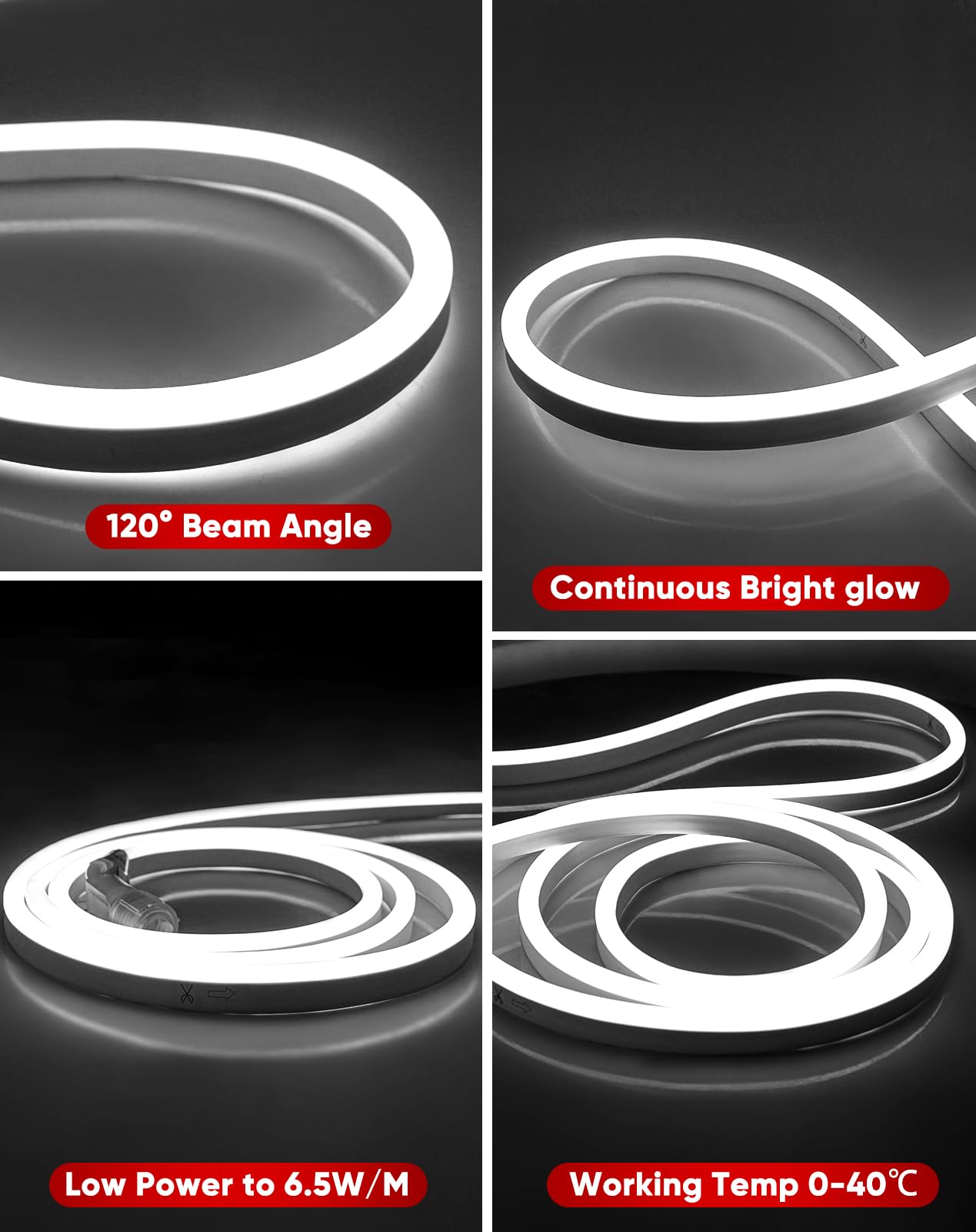 Shine Decor LED Neon Rope Lights 50ft, 6300K Cool White, IP65 Waterproof, Expandable, Cuttable, AC 120V, Model CML-NCW-15M
