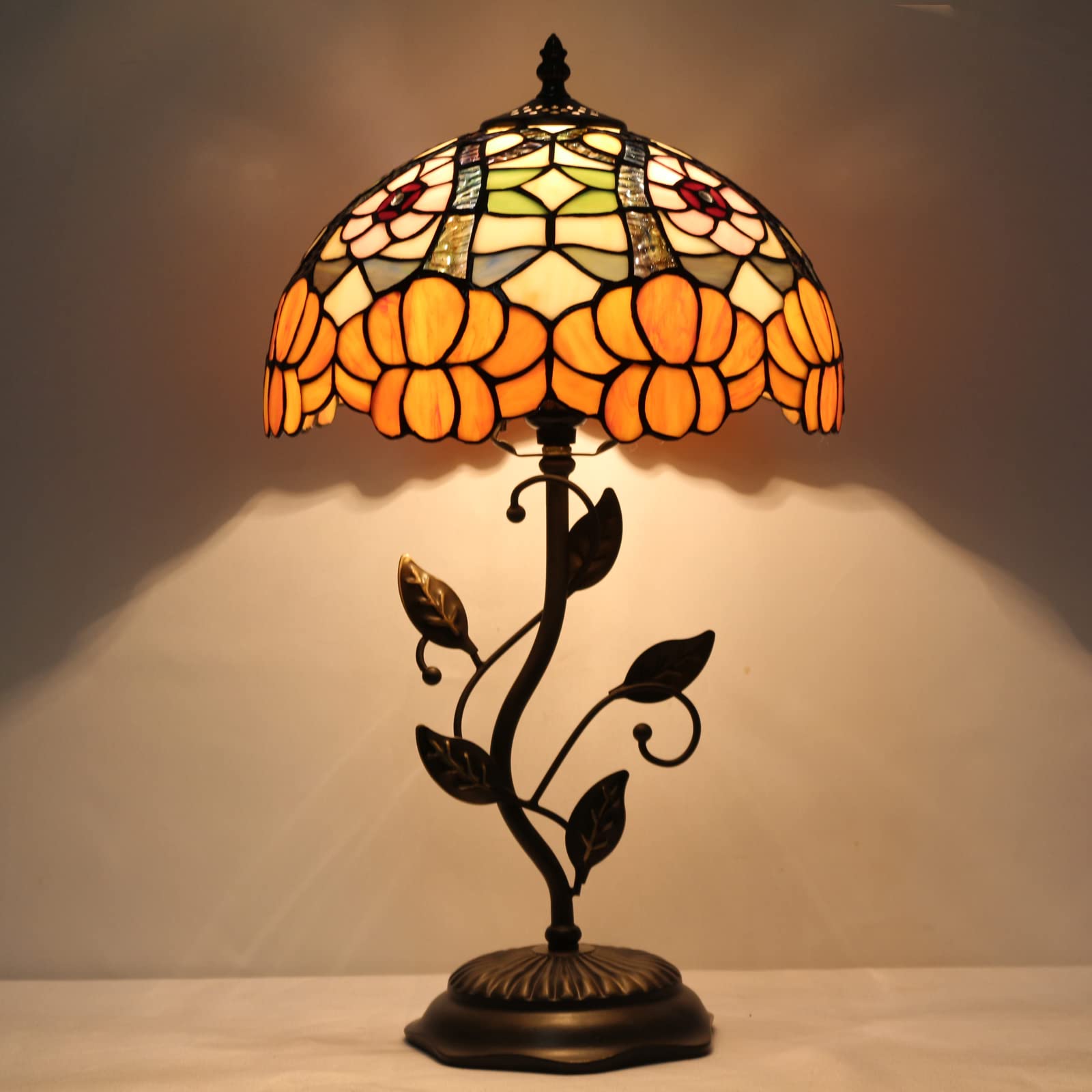 Avivadirect Tiffany Lamp Orange Flower Stained Glass Table Lamp Desk Bedside Reading Light 12X12X19 Inches With Metal Leaf Base