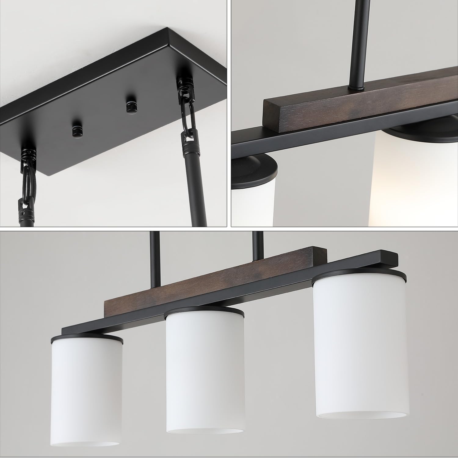 Mecgirn 3 Light Linear Chandelier - Black Pendant Light with Milk Glass Shade for Dining Room and Kitchen Island, Model D0016-3-M