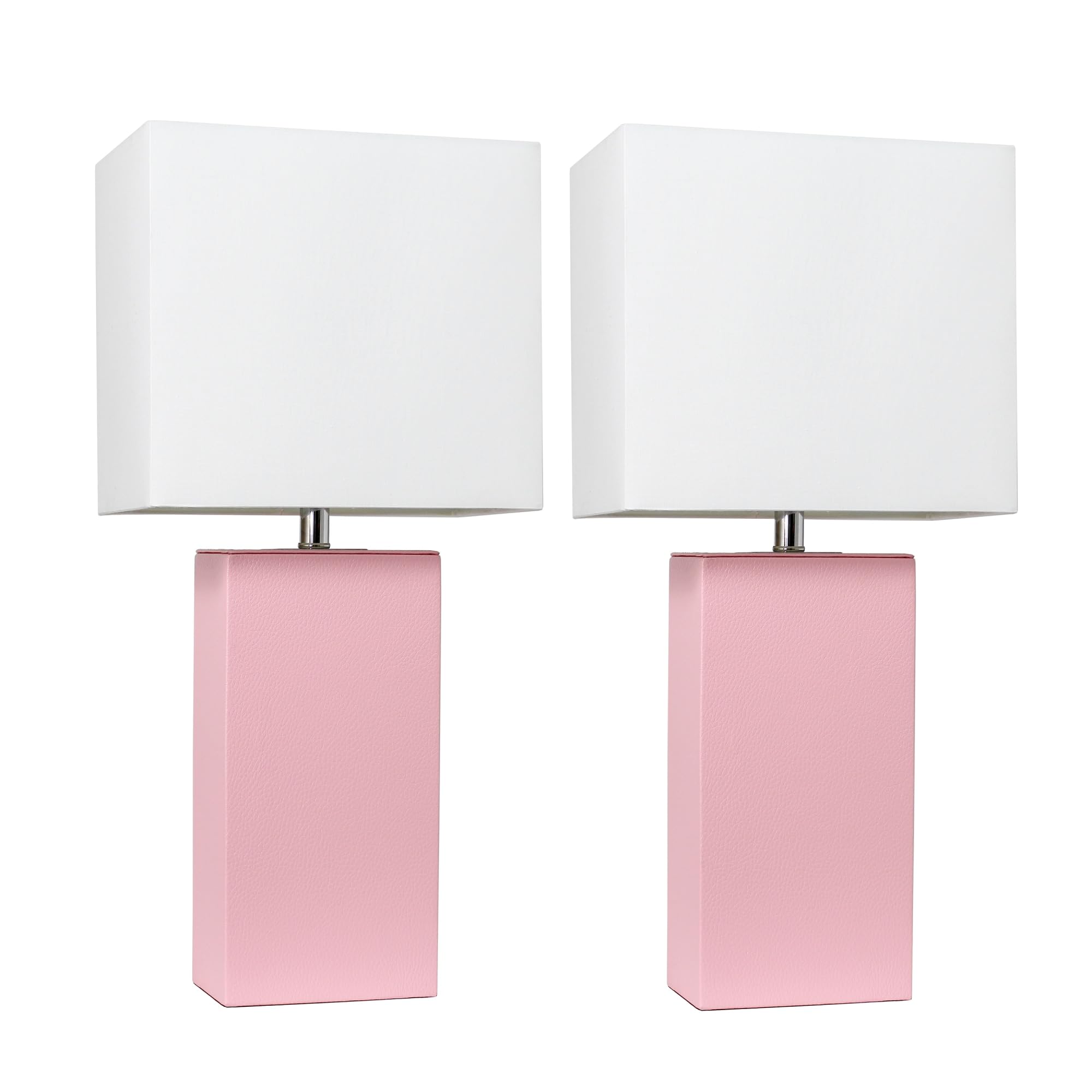 Elegant Designs LC2000-PNK-2PK 2 Pack Modern Leather Table Lamps with White Fabric Shades  Pink