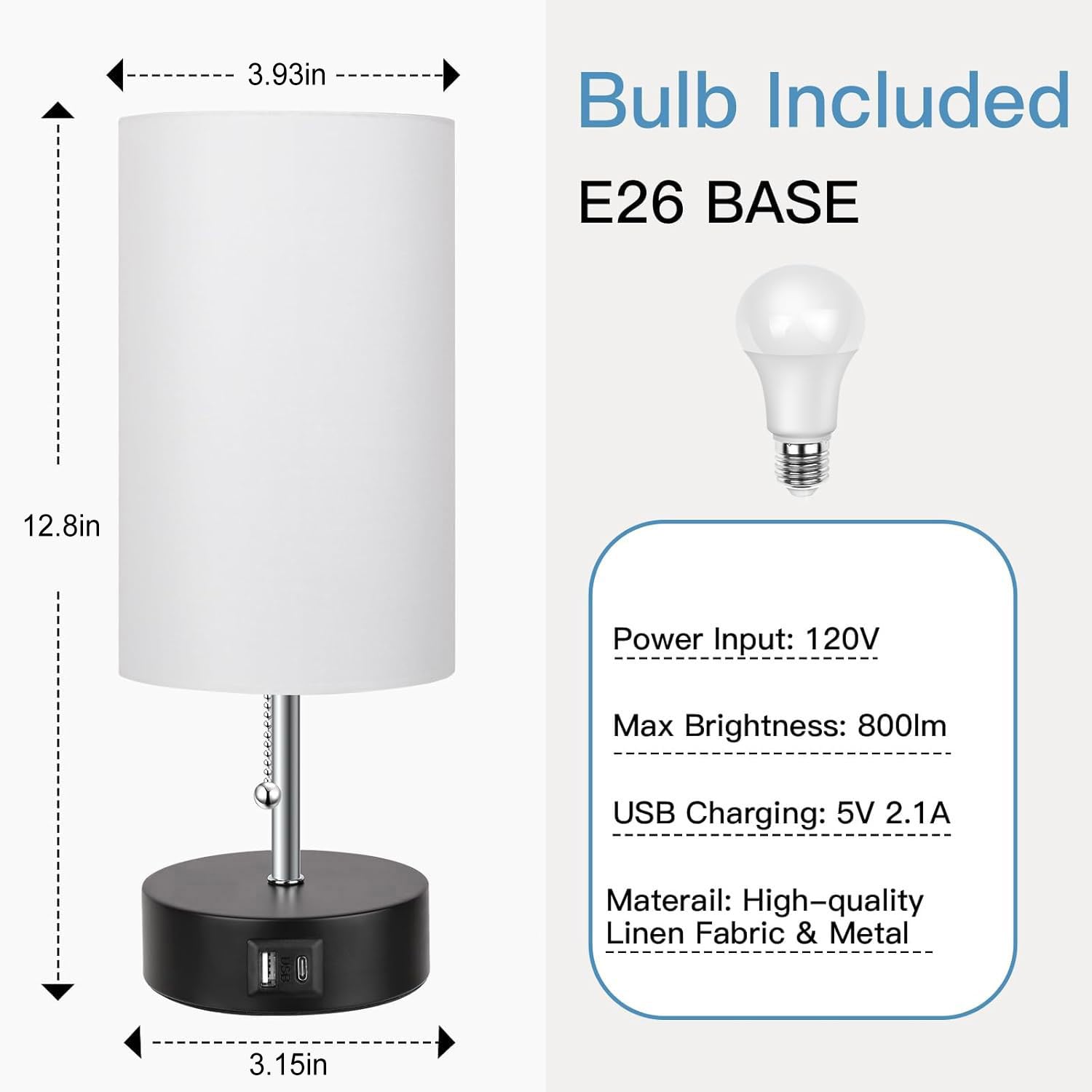 ROTTOGOON Bedside Lamp with USB Port & AC Outlet, 3-Color Temperature, White, Metal