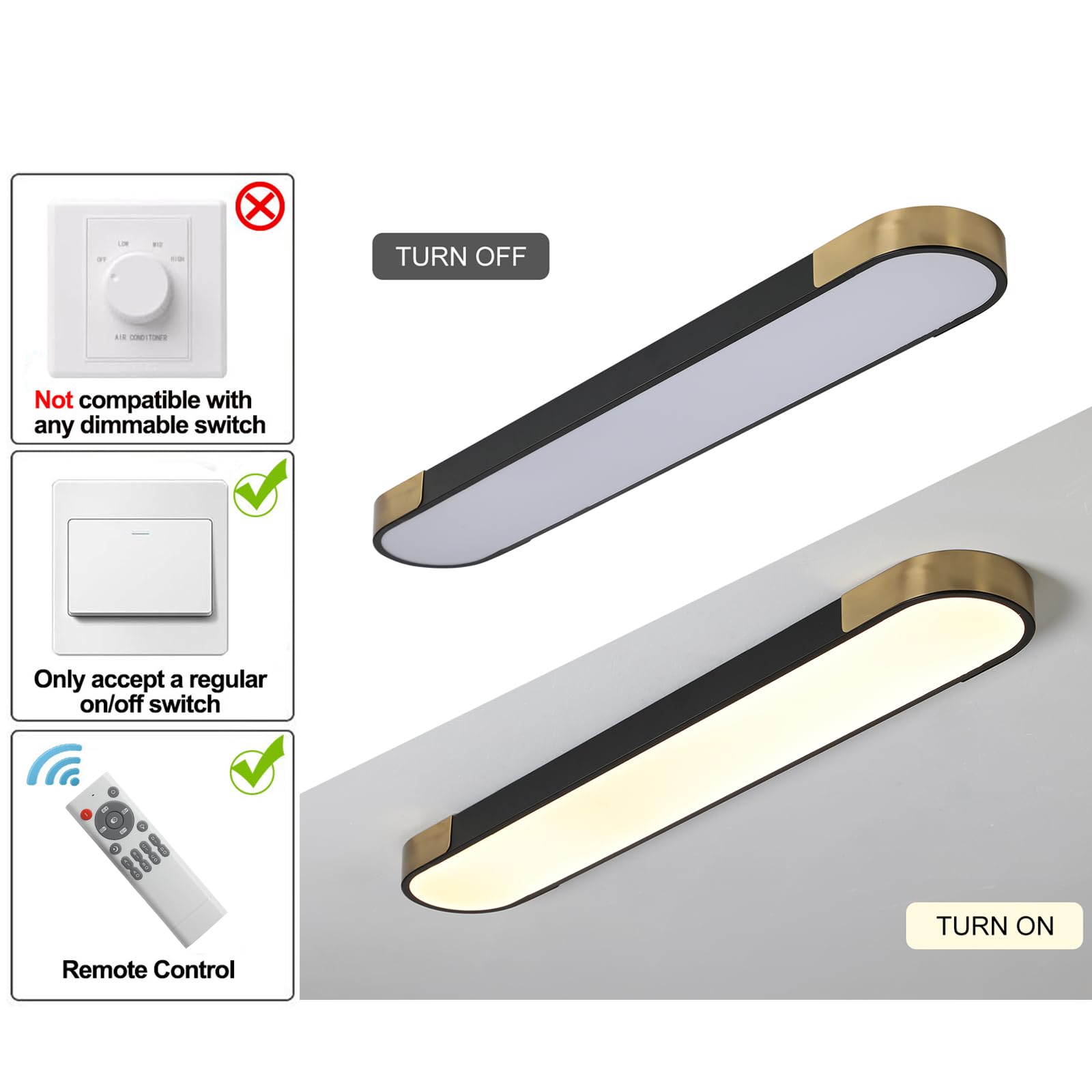 Qcyuui Kitchen Lighting Fixtures Ceiling 39.4 Inch Dimmable Modern Led Ceiling Light Black And Gold Long Linear Ceiling Light Fixture For Office Bedroom Kitchen Hallway (48W/3000-6500K)