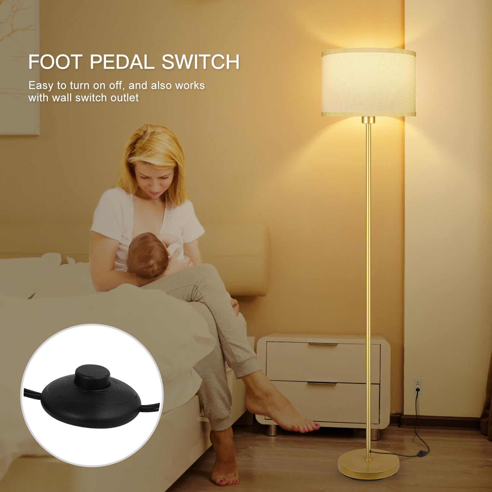 Gold Floor Lamps For Living Room, Modern Standing Lamp, White Lamp Shades, Foot Switch, Simple Pole Lamps Tall Lamp For Bedroom,