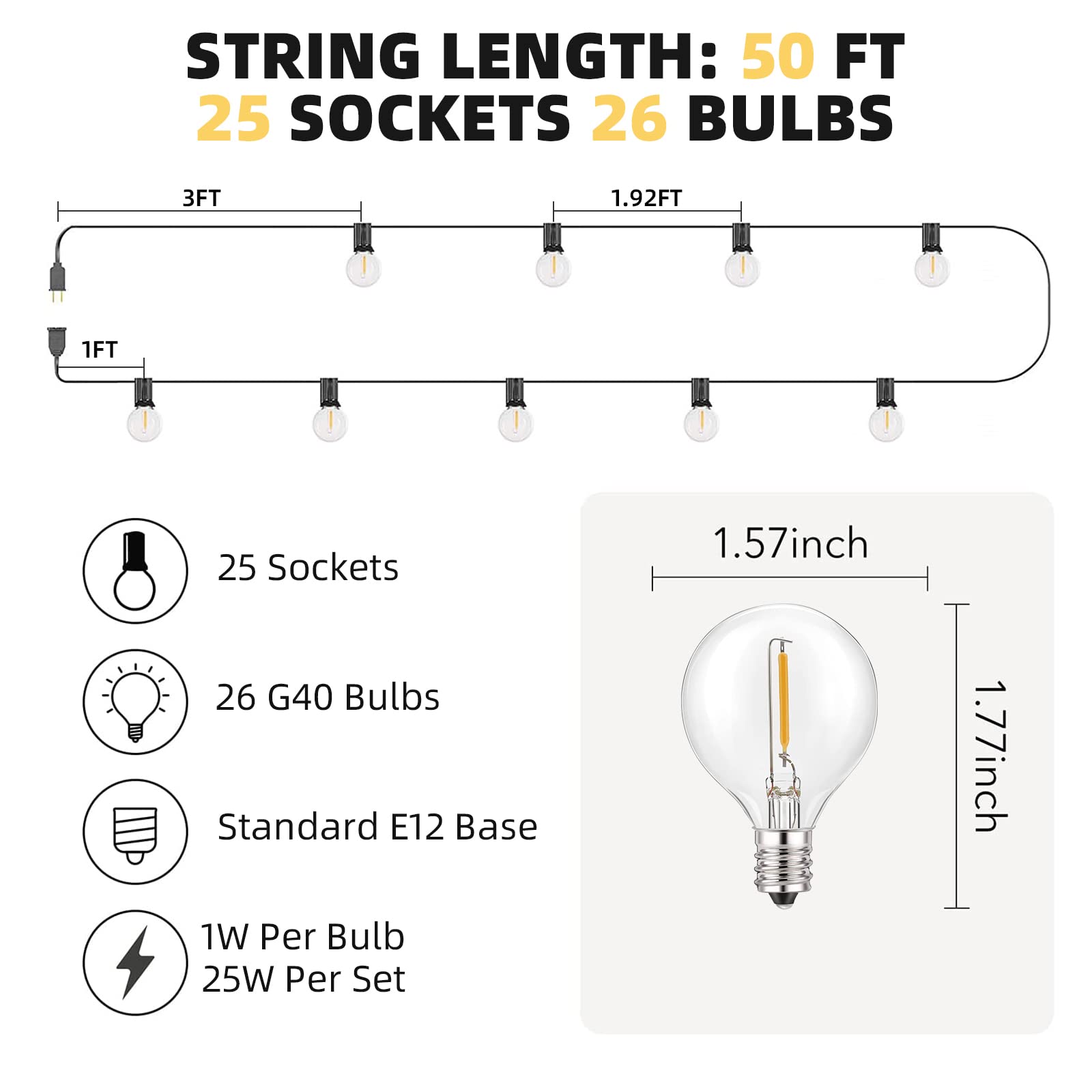 RTTY Outdoor String Lights, 50ft Waterproof Dimmable G40 LED Patio Lights, 26 Bulbs, Warm White, Shatterproof for Cafe & Backyard