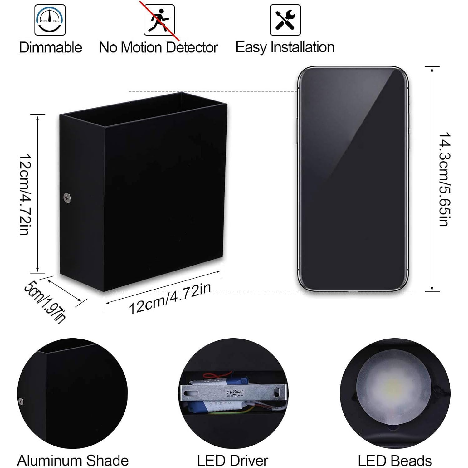 Lightess Mini LED Wall Sconce, Dimmable 10W, Modern Black Up Down Wall Lamp, Aluminum, Cool White, Model LG9926477