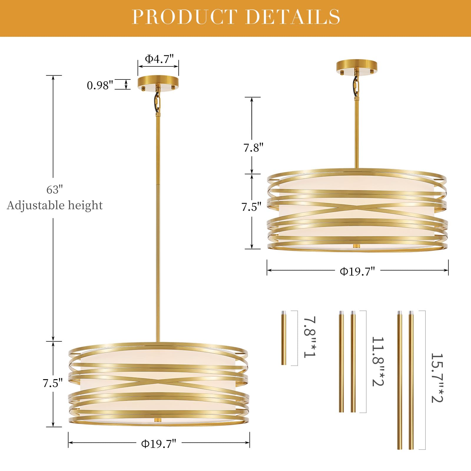 Yomecoo 19.7 Drum Chandelier Light Fixture Vintage Modern 5-Lights Golden Chandelier With White Linen Lampshade Rustic Farmhouse