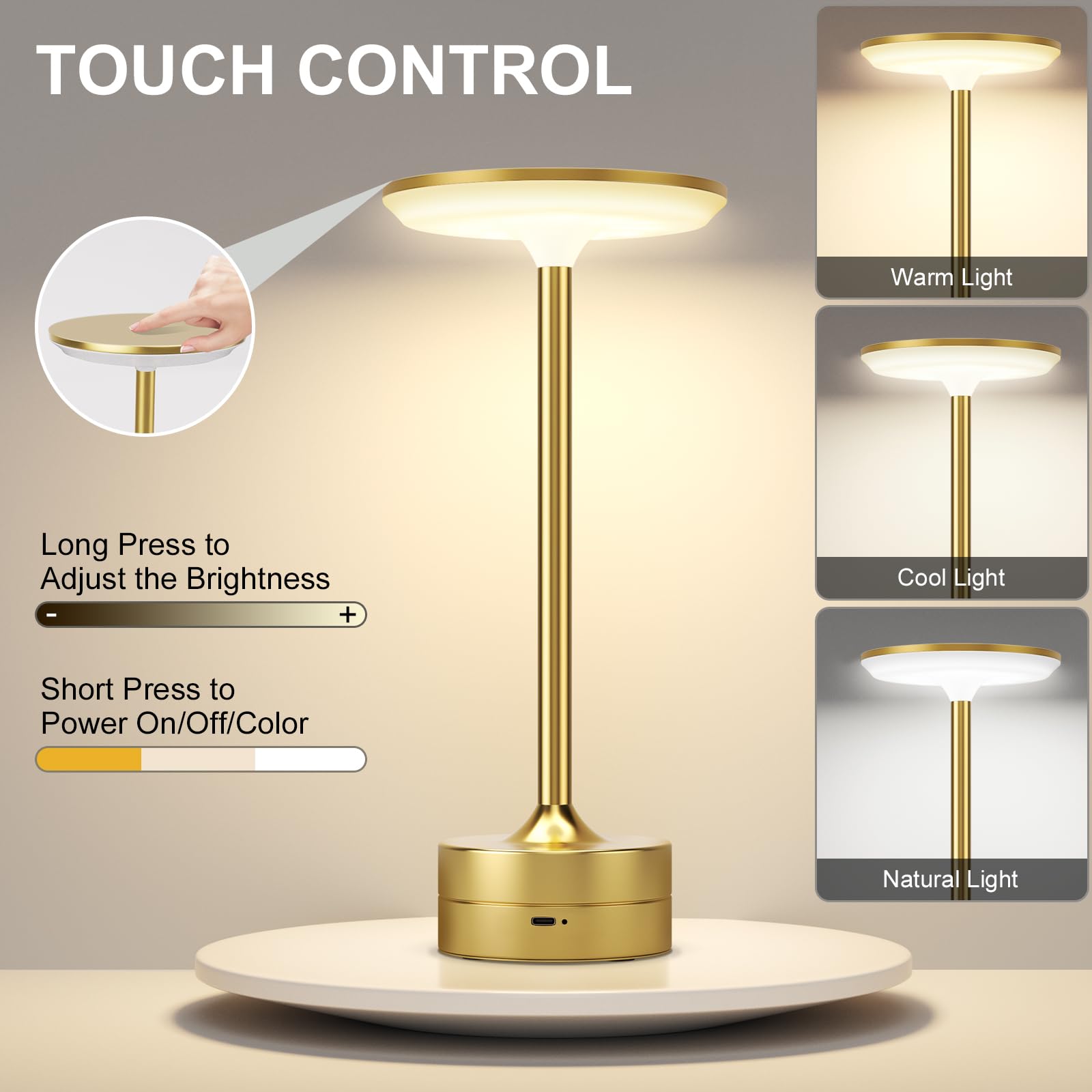 FRIDEKO HOME 2 Pack LED Cordless Table Lamps - Rechargeable, Stepless Dimmable, Gold, Model L07007-132-US-2PCS