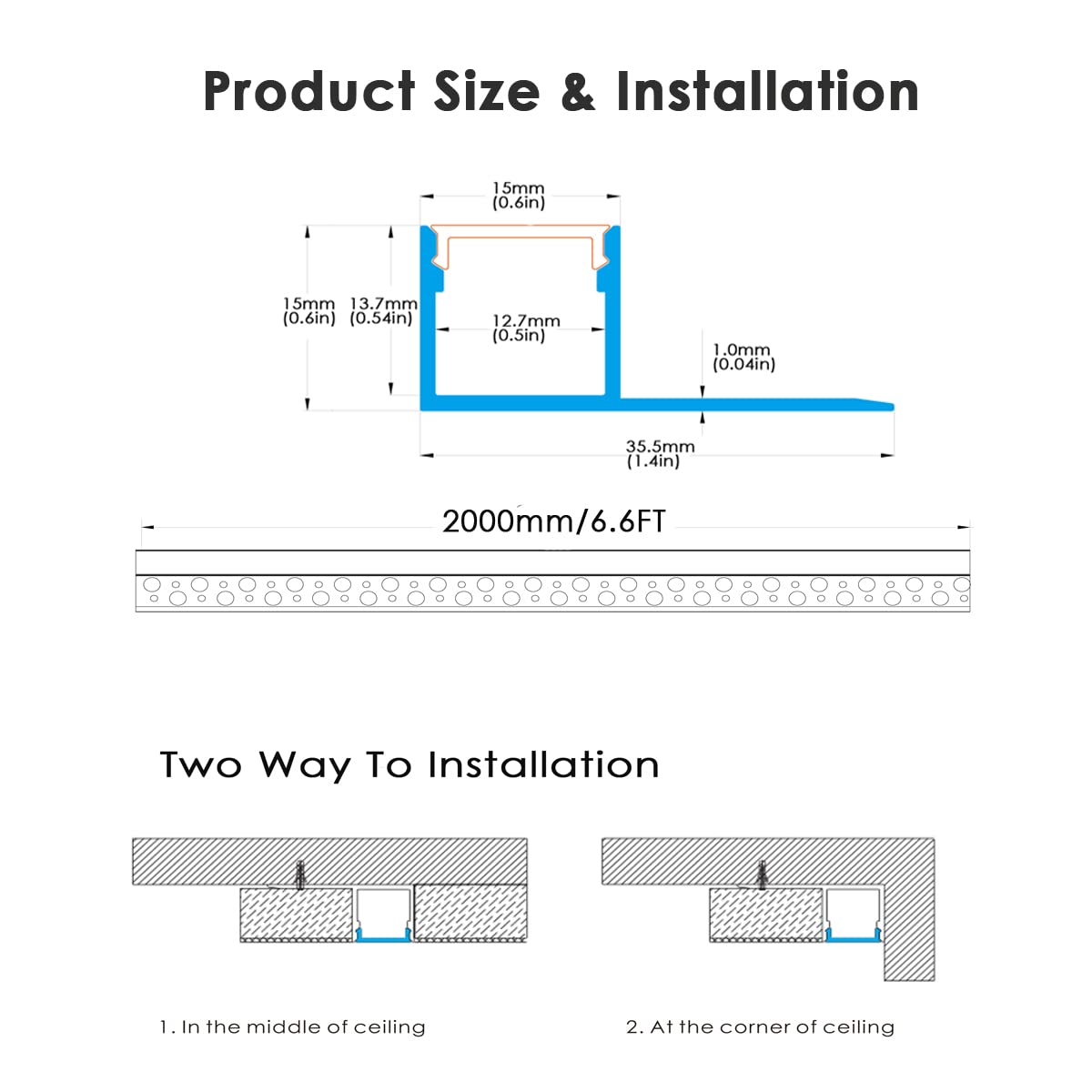 Besseto Plaster-in LED Channel 6 Pack, 6.6FT Aluminum Trimless with Milky Diffuser, Silver, Model BT-221113