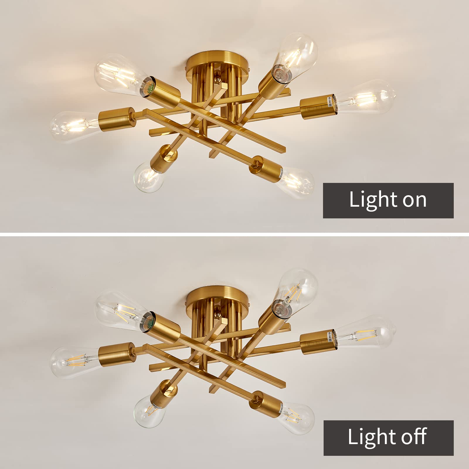 Asgyisa 6-Lights Semi Flush Mount Ceiling Light Fixture Gold Modern Matte Sputnik Chandelier Vintage Ceiling Lamp Farmhouse For