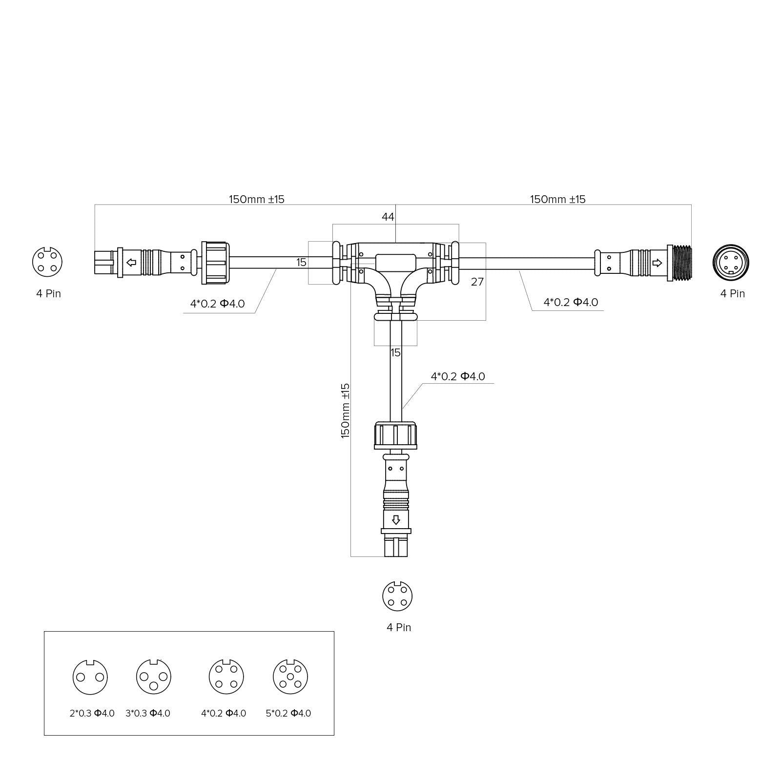 Btf-Lighting 5 Pcs 4 Core 4 Pin Black Plastics Ip65 T Shape Tee Small Size Connector 1 Male Ends 2 Female End 0.2Mm²/24Awg 15Mm Nut