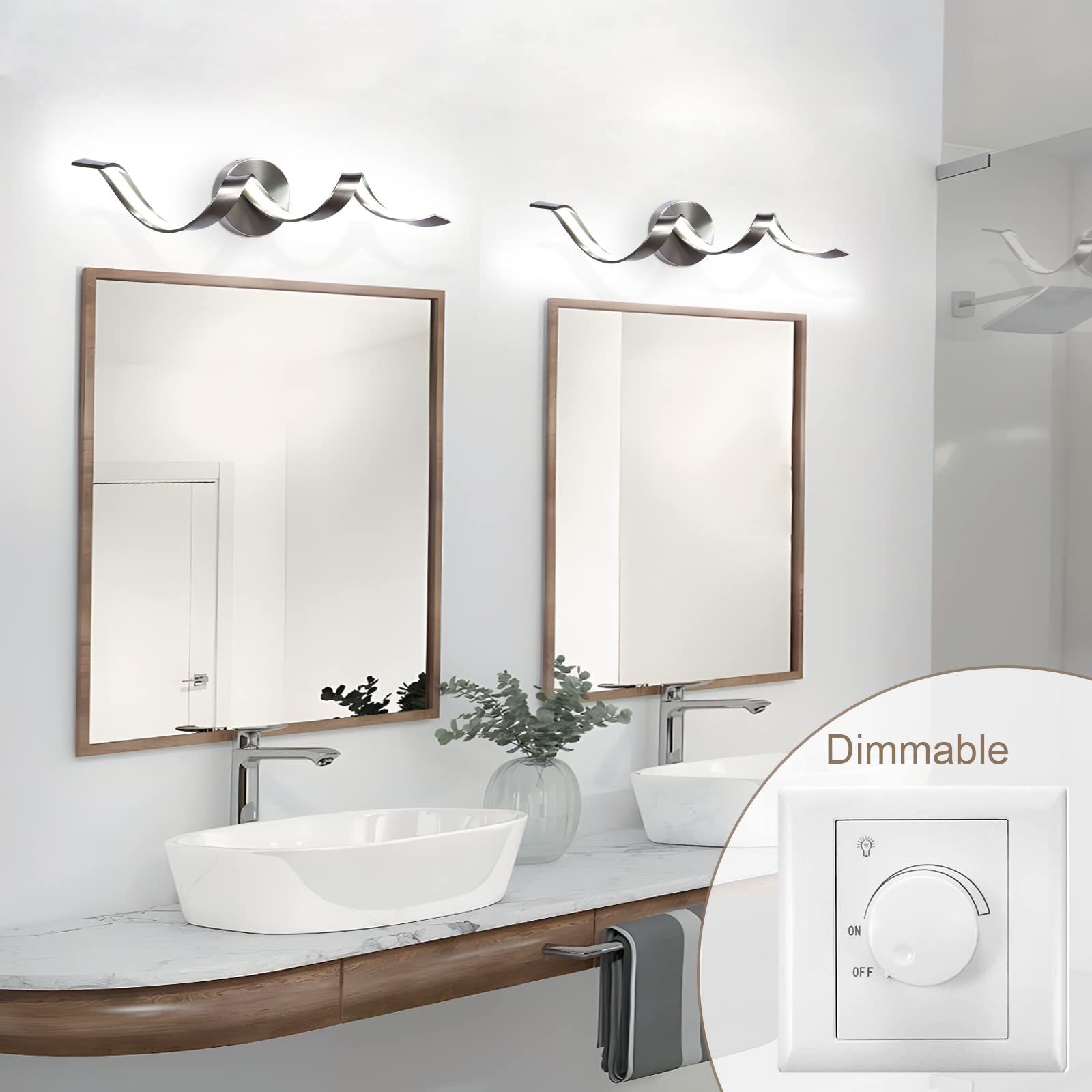 Huoku 24" Dimmable Led Bathroom Vanity Light, Brushed Nickel, Spiral Design, 15W, 6000