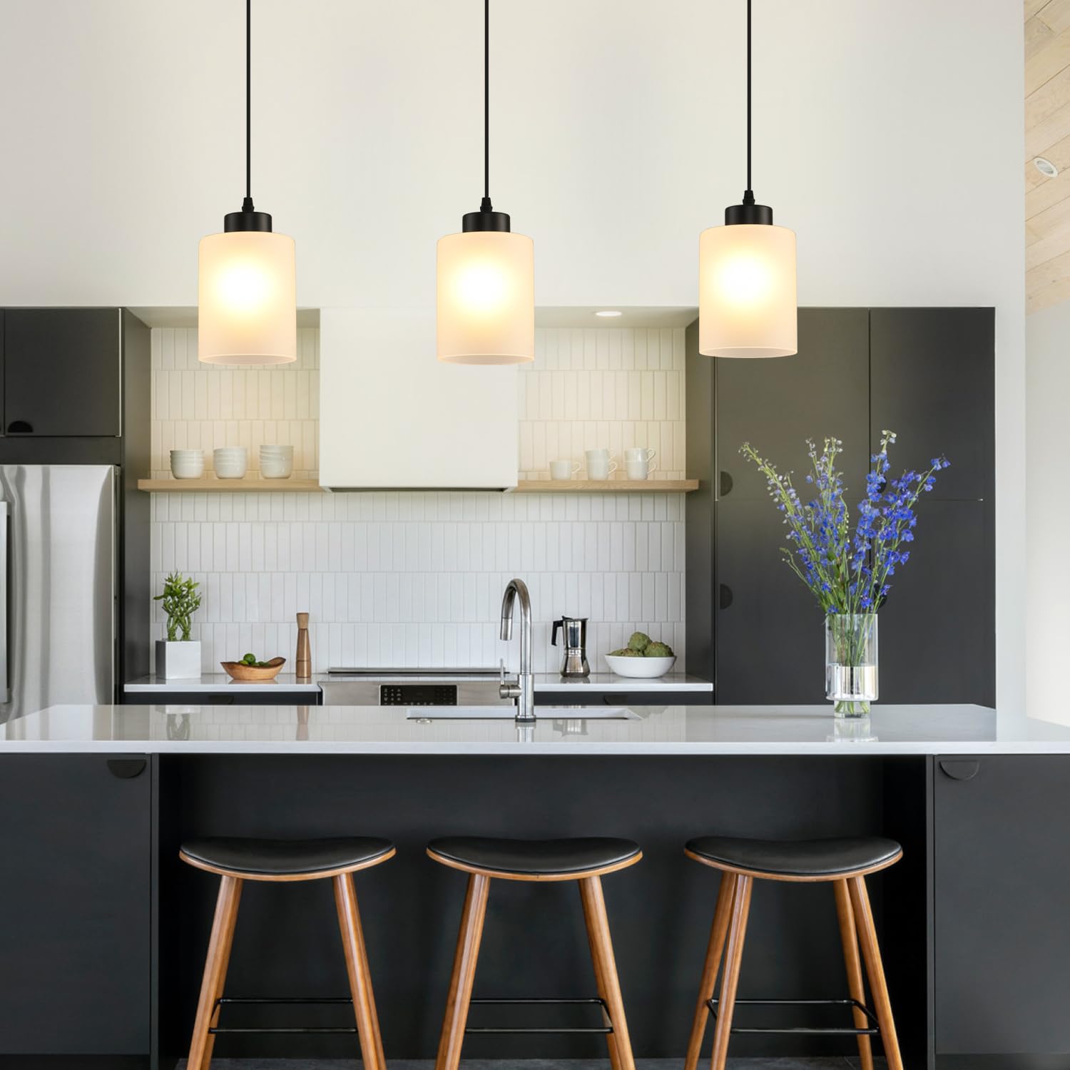 CAFULAM Modern Black Farmhouse Pendant Light, Glass Shade, Adjustable, 3 Pack, Milk Glass Black
