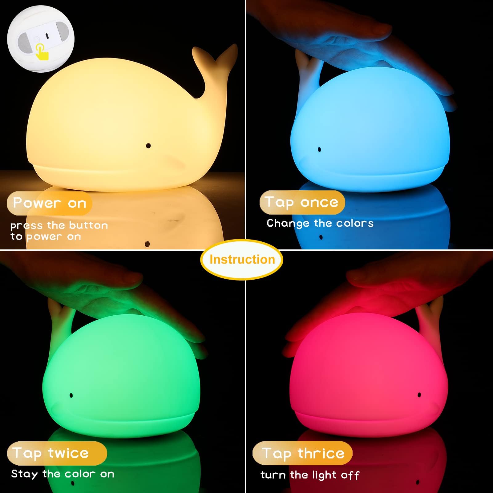 Loveruis Cute Night Light For Kids - Nightlight For Children Animal Whale Night Lamp Birthday Halloween Christmas Gift With Color Changing Usb Rechargeable For Toddler Baby Bedroom (Whale)
